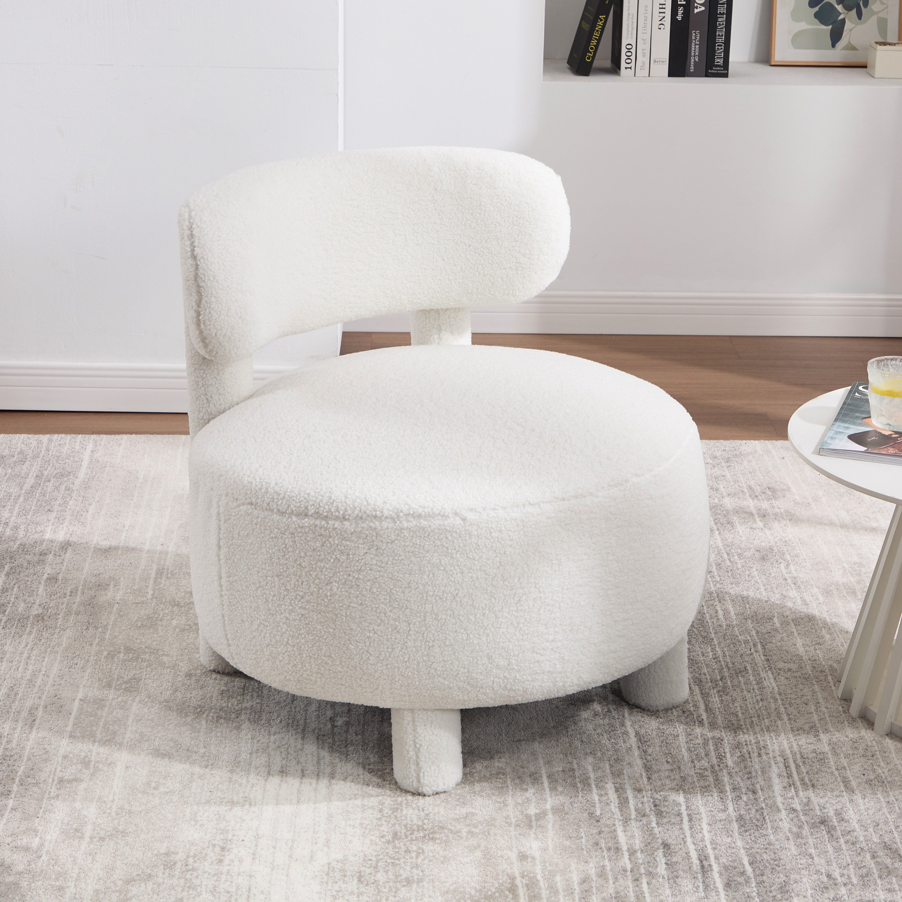 063-Teddy Fabric armless accent chair with curved backrest and solid wood legs upholstered chair slipper side chair  for primary living space bedroom vanity room or reading room ,White Main image