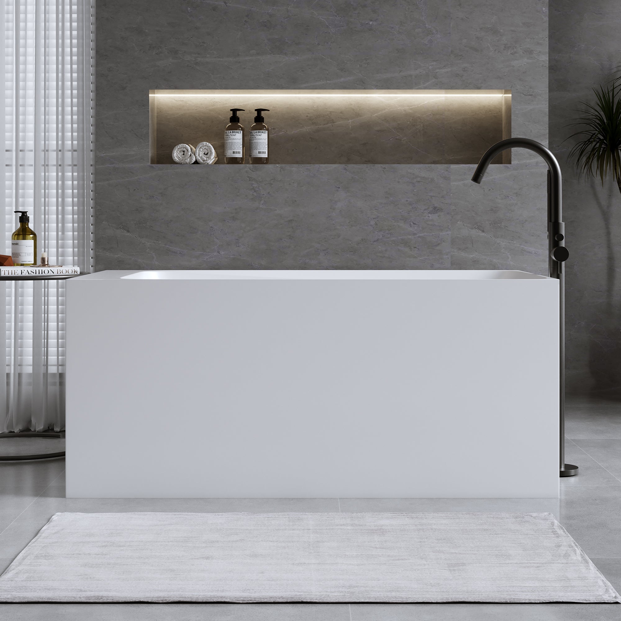 51'' Solid Surface Matte Tub, Freestanding Solid Surface Resin Stone Bathtub, Solid Surface Matte White Soaking Tub,Free Standing Tub with Overflow and Pop-up Drain, Matte White Main image