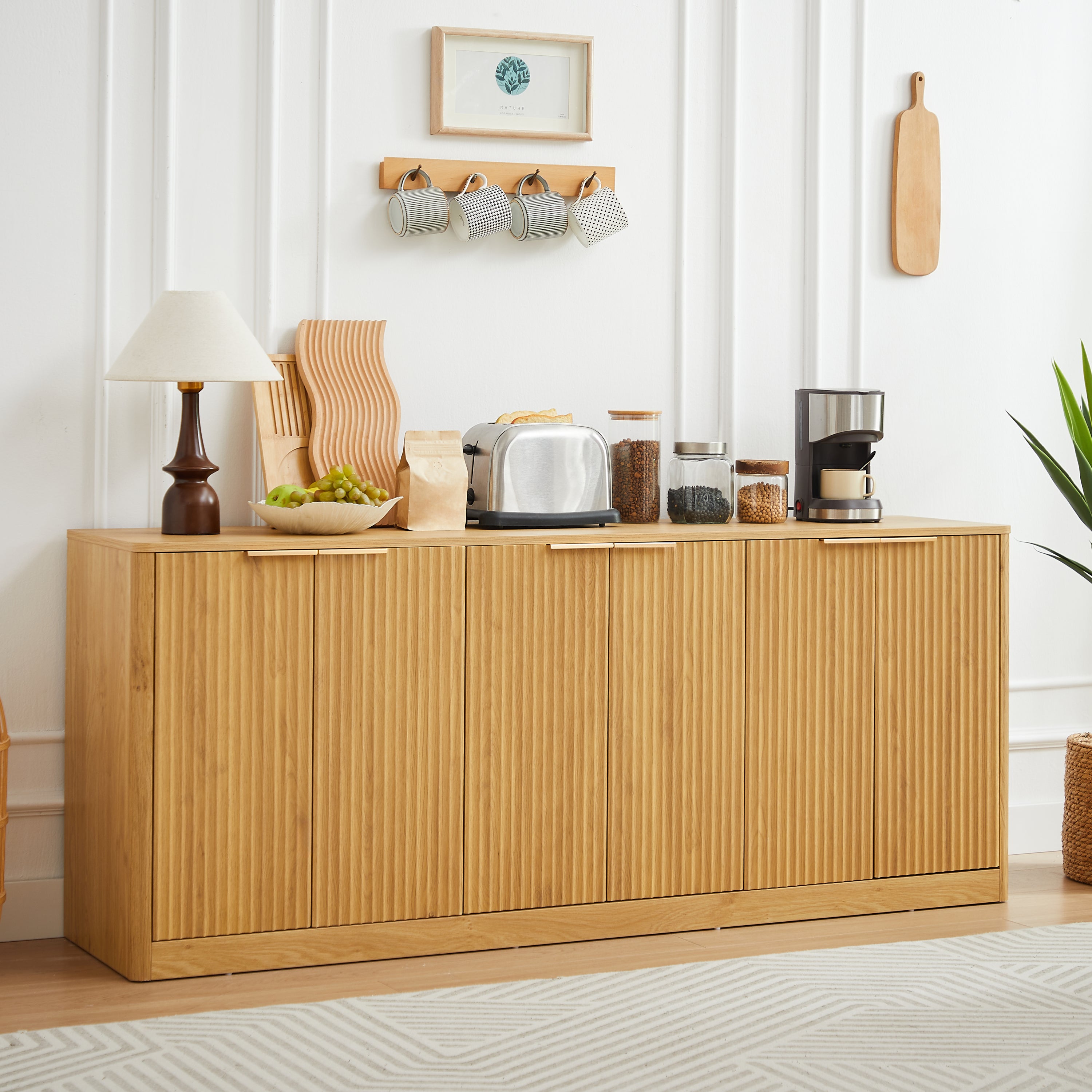 67-inch modern wavy sideboard, curved contour design storage cabinet, 6-door cabinet with storage function, suitable for kitchen / bedroom / living room, Natural, 67.0'L x 15.7'W x 27.7'H Secondary image