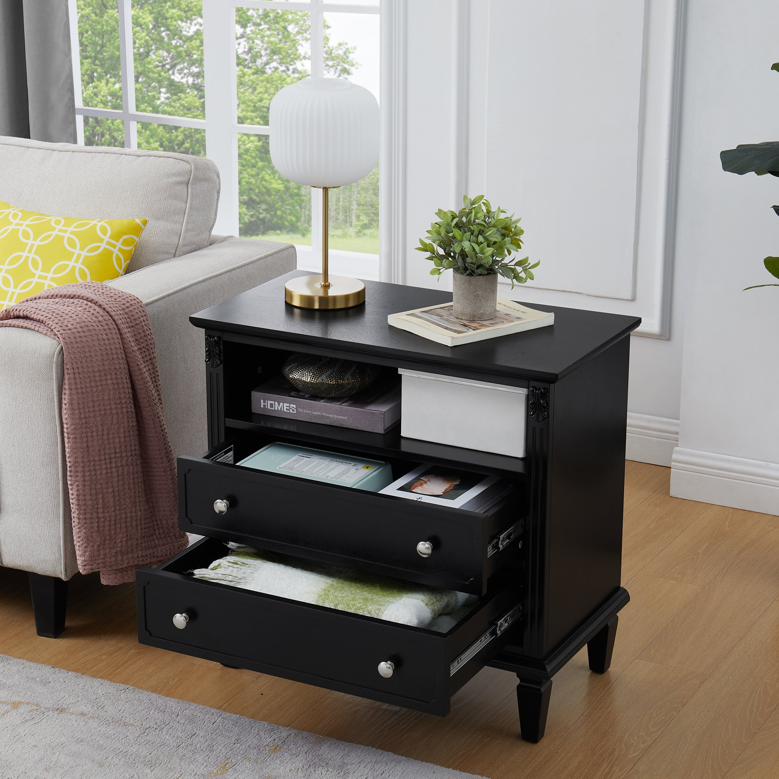 Open Space and 2 Drawers Dresser Nightstand with Charging Station, Farmhouse End Table with USB Ports and Outlets, Fluted Pilasters Design Side Table with Solid Wood Legs for Bedroom Secondary image