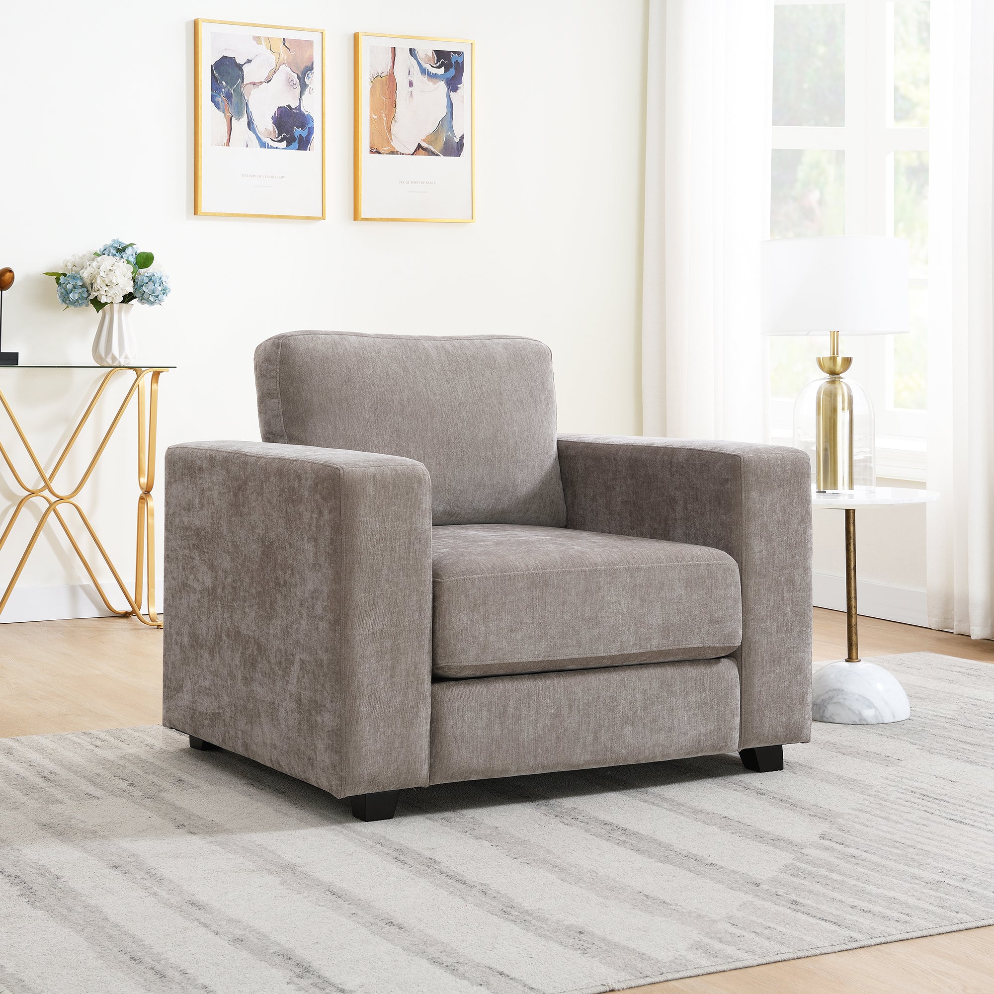 Mid-Century Modern Oversized Accent Chair with Widen Arms, Light Brown Chenille Fabric Upholstered Armchair for Living Room Bedroom Office, 7-Inch Thick Cushion, Solid Wood Legs Secondary image