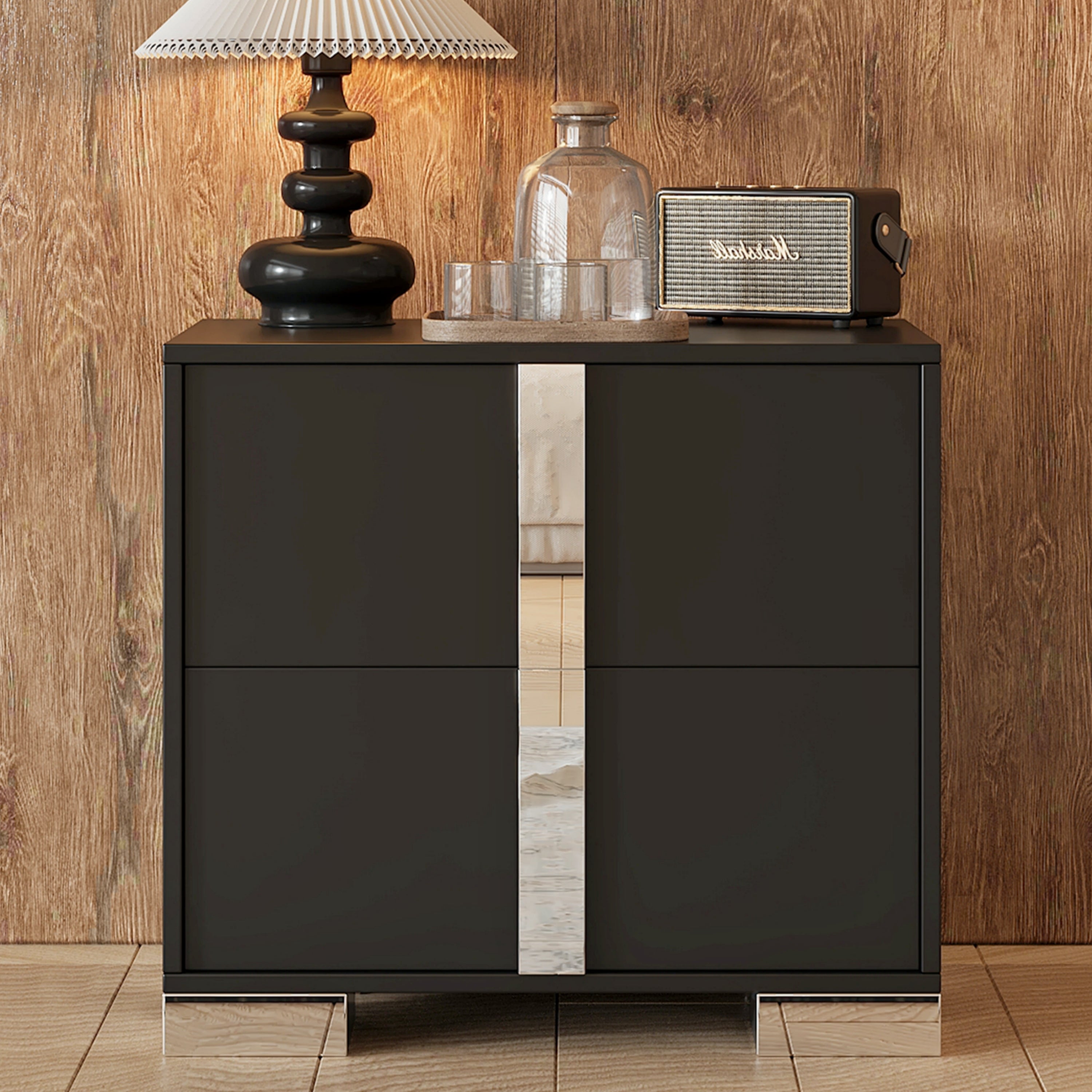 Elegant Nightstand with Metal Foot, Mirrored Bedside Table with 2 Drawers for Bedroom, Living Room, Black Main image