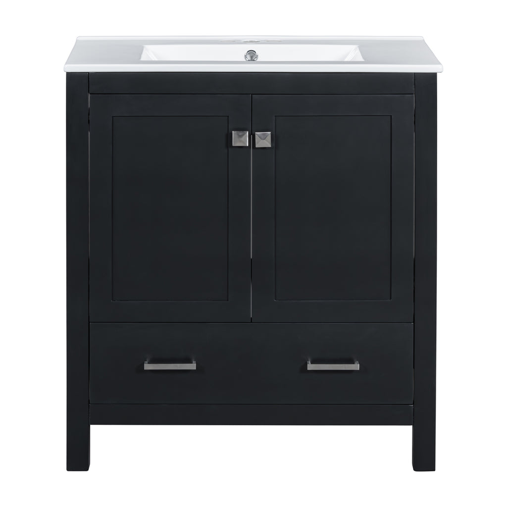 Transitional 30' Black Bathroom Vanity with Single Sink, Soft Close Doors, Solid Wood Frame, Ceramic Undermount Sink
