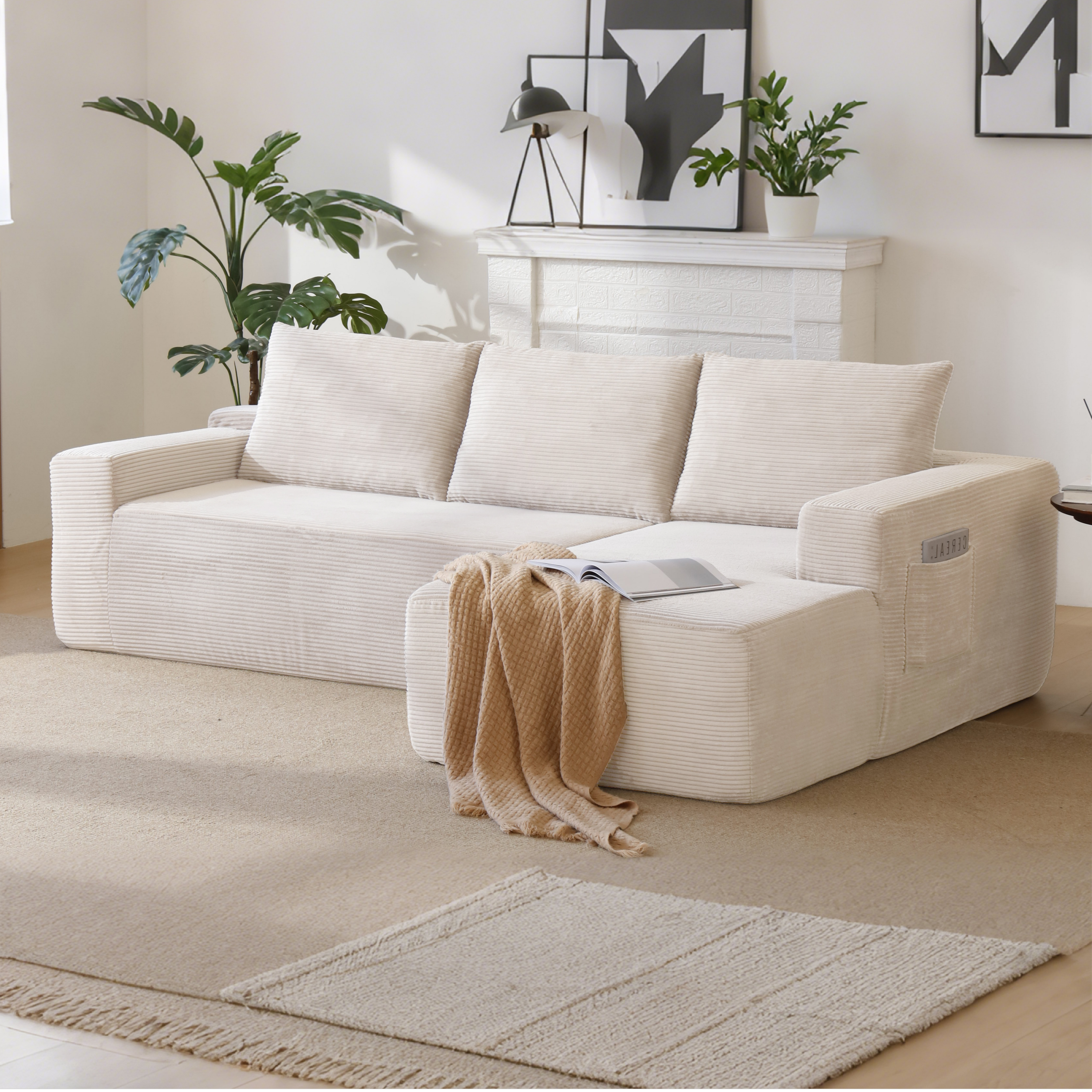 96.9''Cloud Sectional Couch with L-Shaped Chaise,Modern Modular Sofa with Deep Seat, Upholstered Couches for Living Room Bedroom,No Assembly Required,(Corduroy Fabric),White,Right