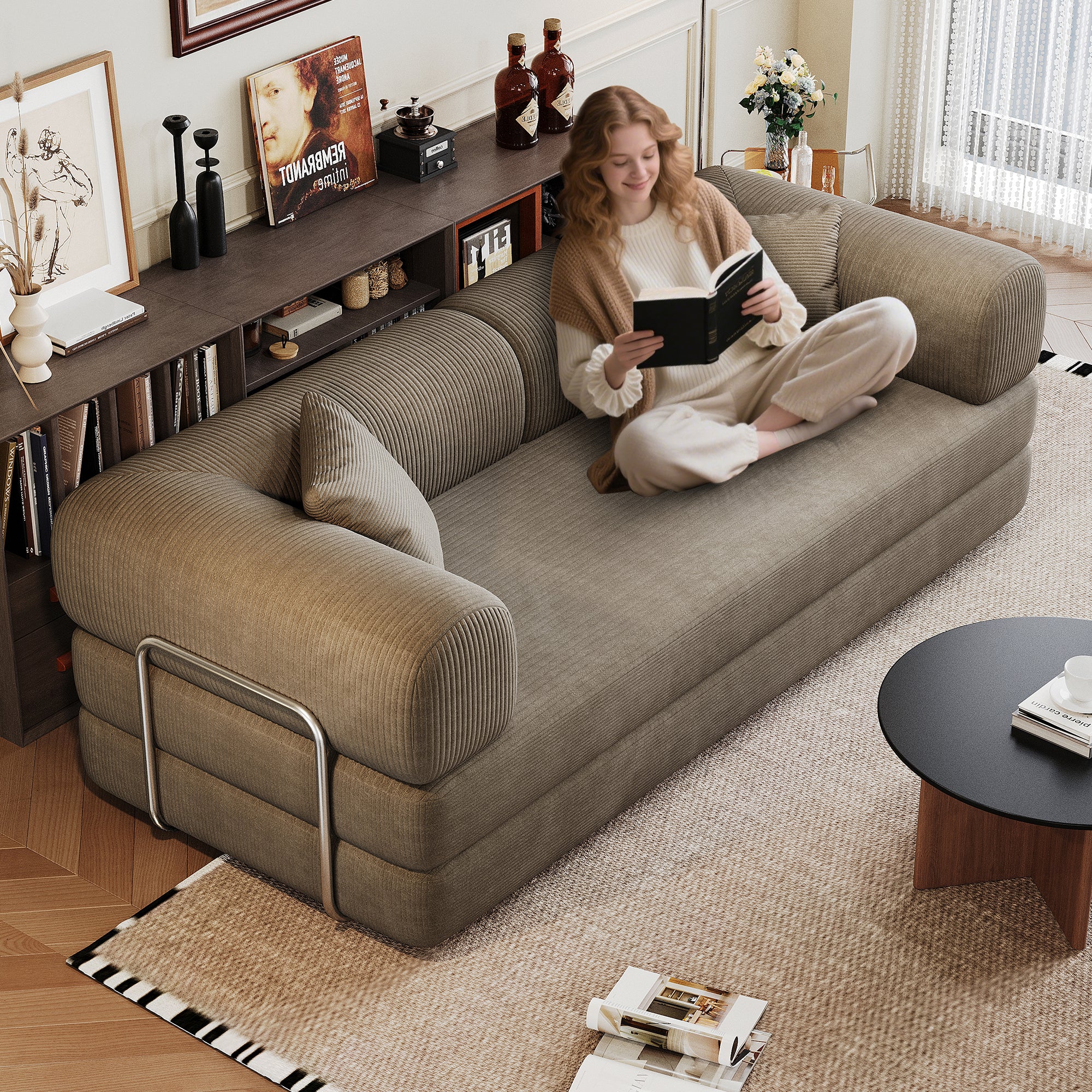 78.8' Compression Sofa,Convertible Floor Sofa Bed-with Pillow Back Support Armrest,Comfy Futon Couch Sleeper Bed,Loveseats Boneless Modular Sectional Sofa,Corduroy fabric,for Living Room,Bedroom,Camel Main image