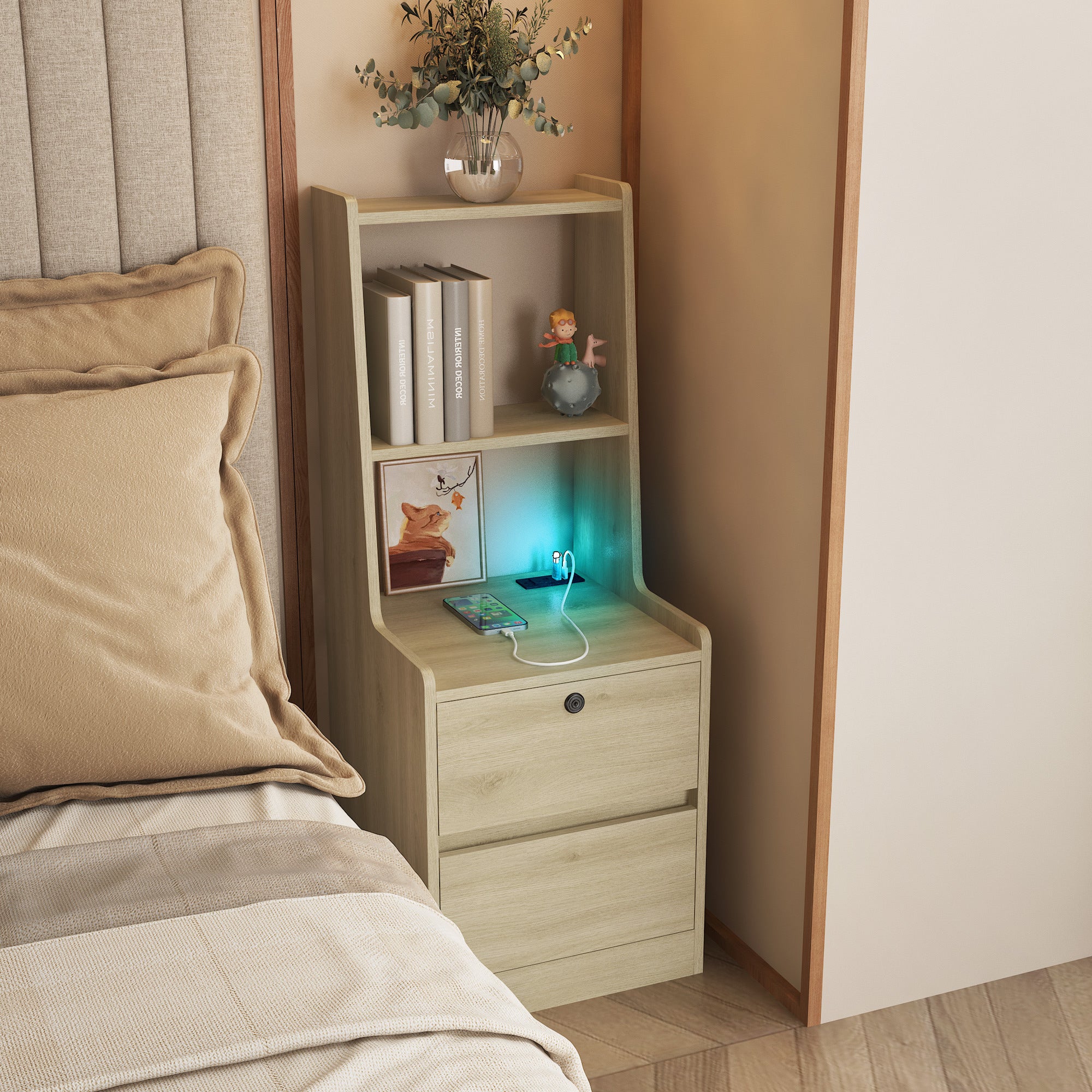 Nightstand with Charging Station, Smart Nightstand with Night Light, Modern Night Stand with Bookshelf, Bedside Tables with Storage Cabinet for Bedroom, Wood Main image