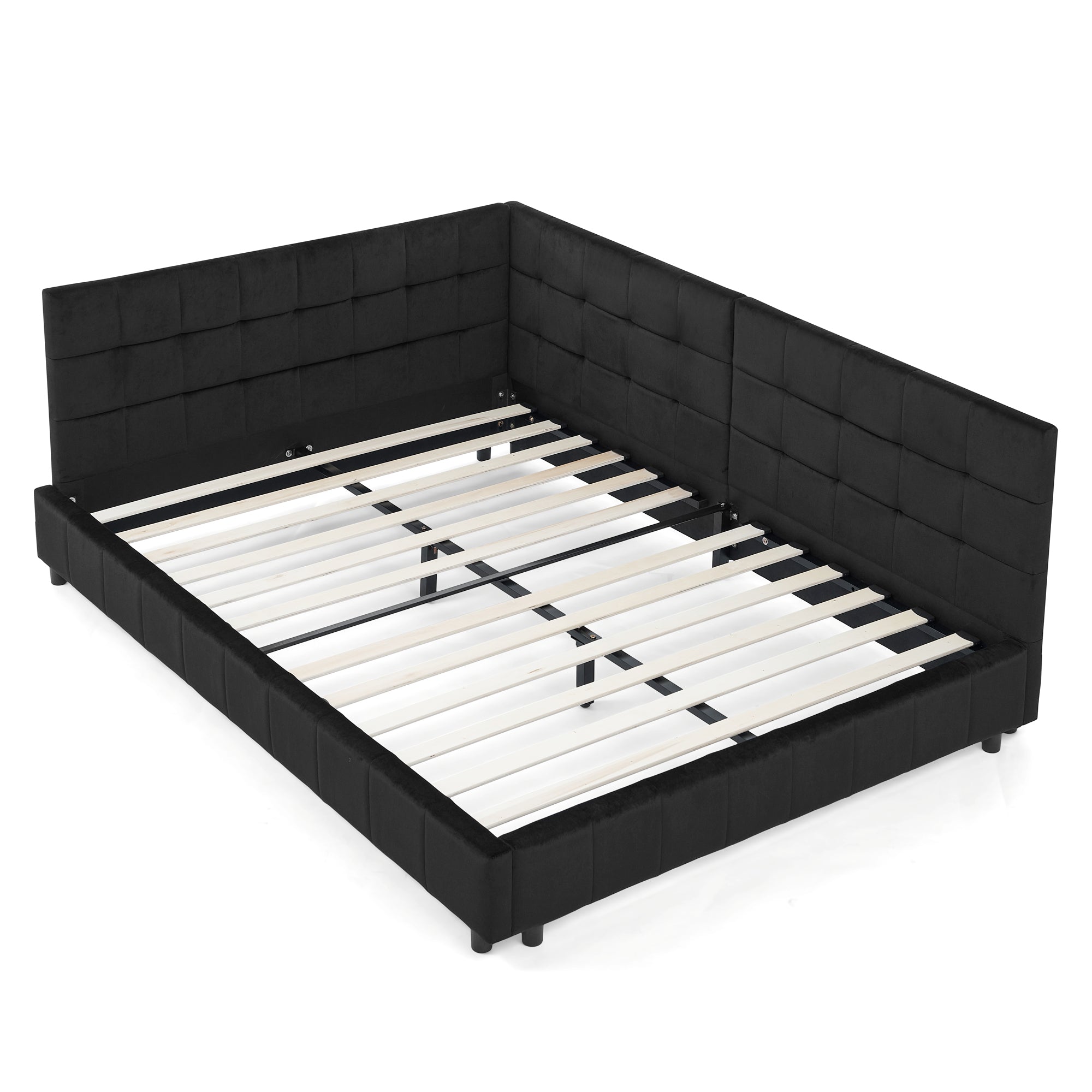 Mid-Century Full Size Upholstered Tufted Bed Frame with Comfortable Backrest and Armrests, Velvet, Black Main image