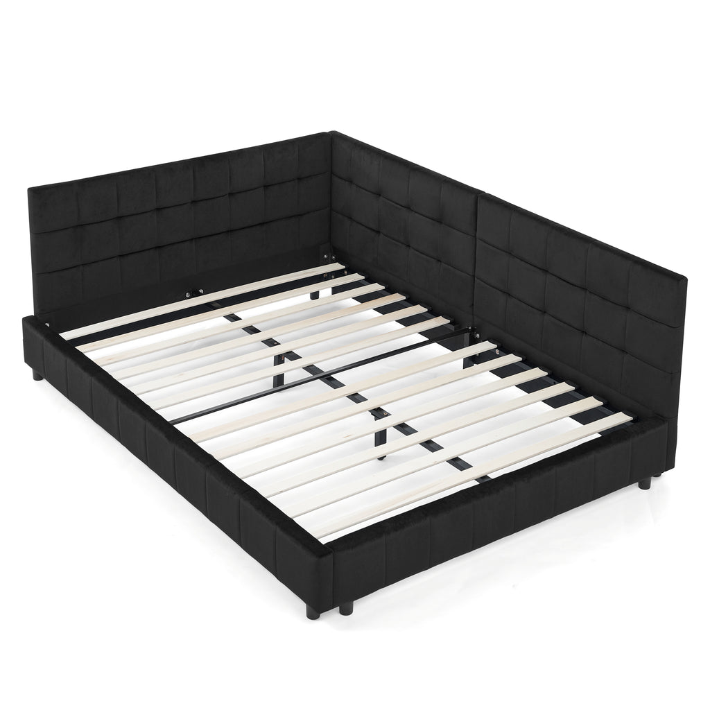 Mid-Century Full Size Upholstered Tufted Bed Frame with Comfortable Backrest and Armrests, Velvet, Black