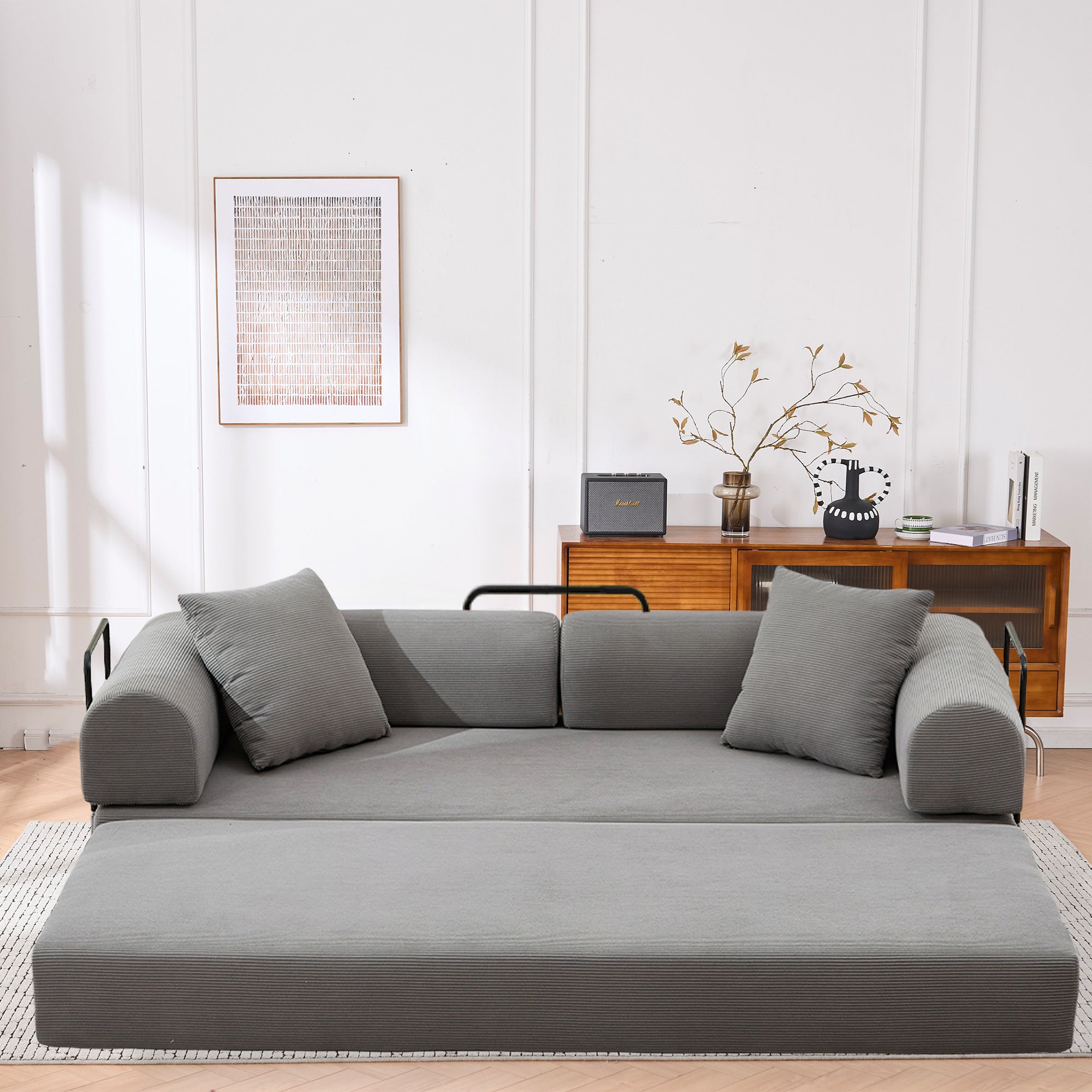Folding Sofa Bed, 63' Convertible Couch Bed with 2 Pillows, Fold Out Couch, Foam Spring Floor Mattress, Futon Couch for Living Room, Office, Apartment
