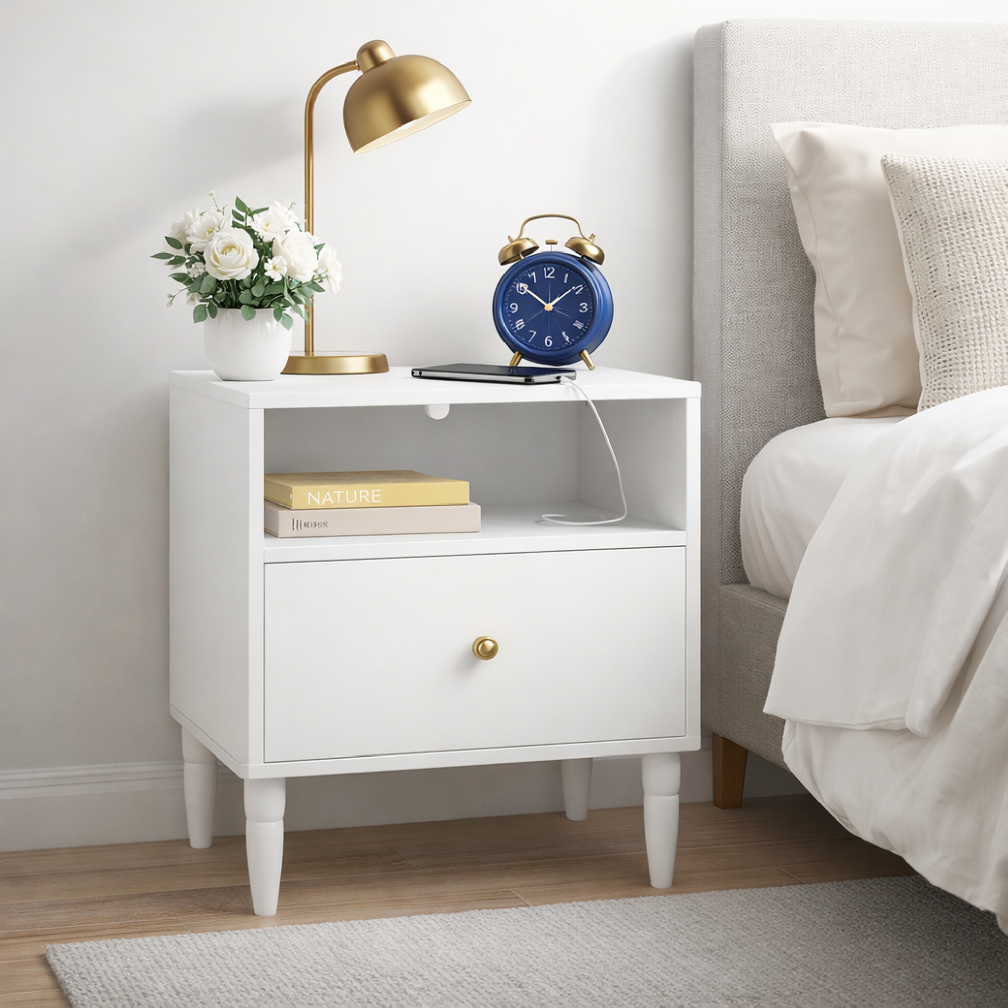Modern White Nightstand with Drawer and Open Shelf, Bedside Table with Gold Knob, Solid Wood Legs, Small End Table for Bedroom, Living Room Main image