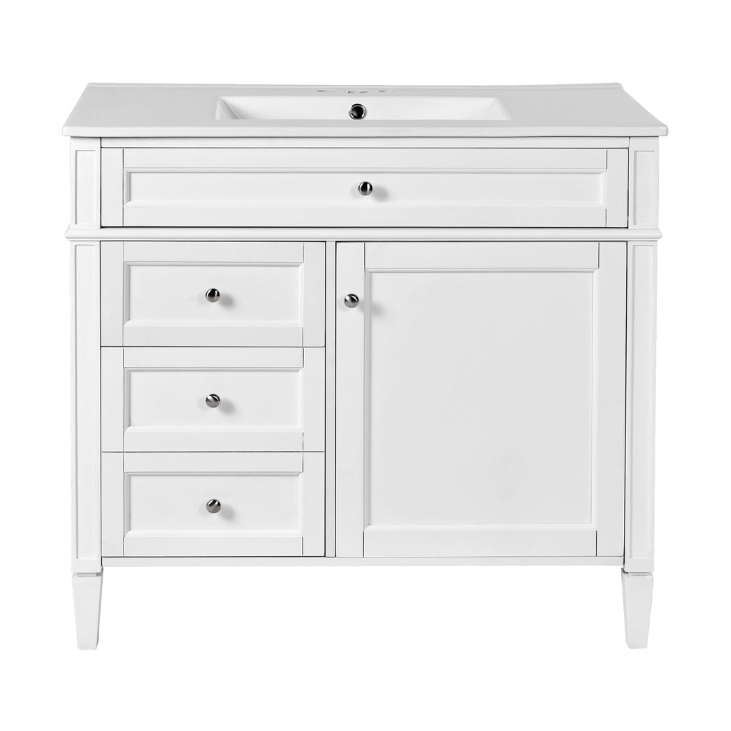 Modern White Bathroom Vanity with Ceramic Top Sink, 36'' Storage Cabinet with 2 Drawers and Tip-out Drawer, Rectangular Design