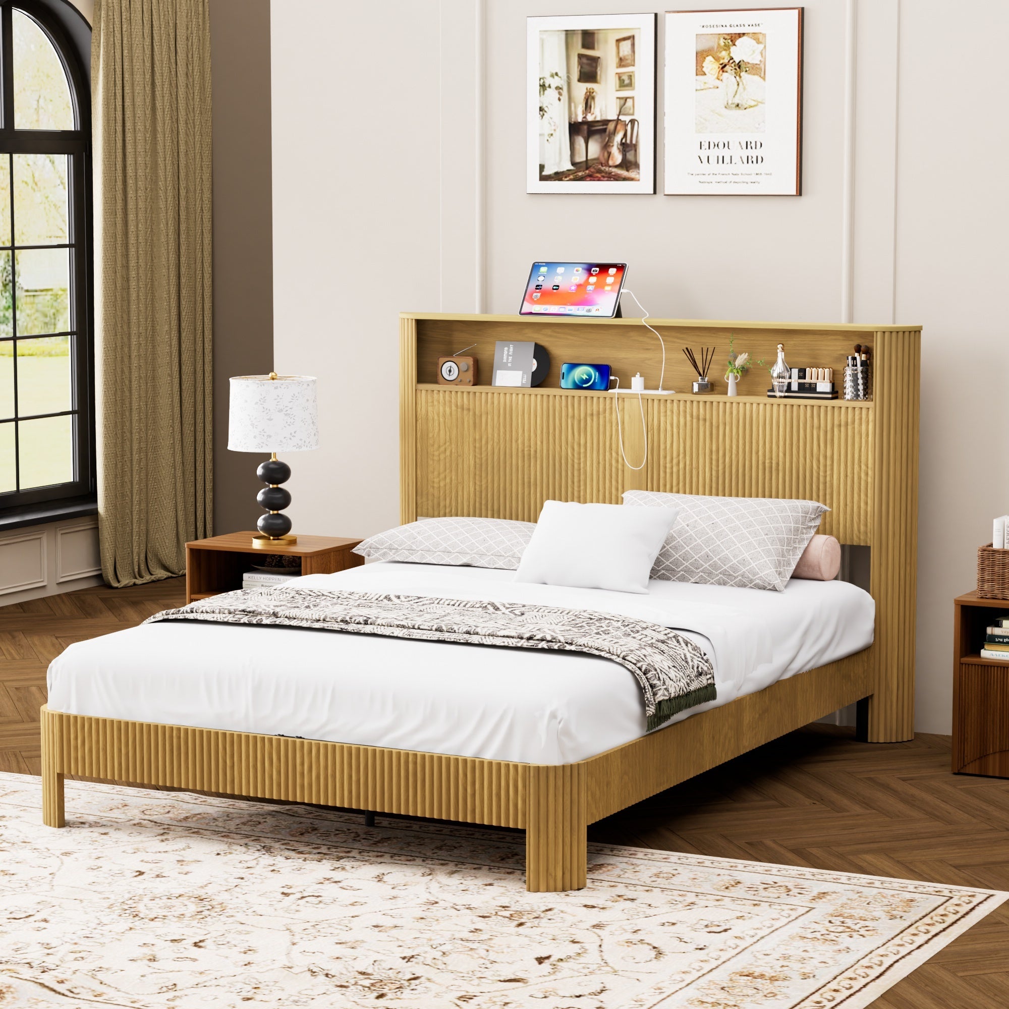 Queen Size bed frame with storage headboard, built-in charging station, wavy curved lines design, silent operation, metal support, Natural Main image