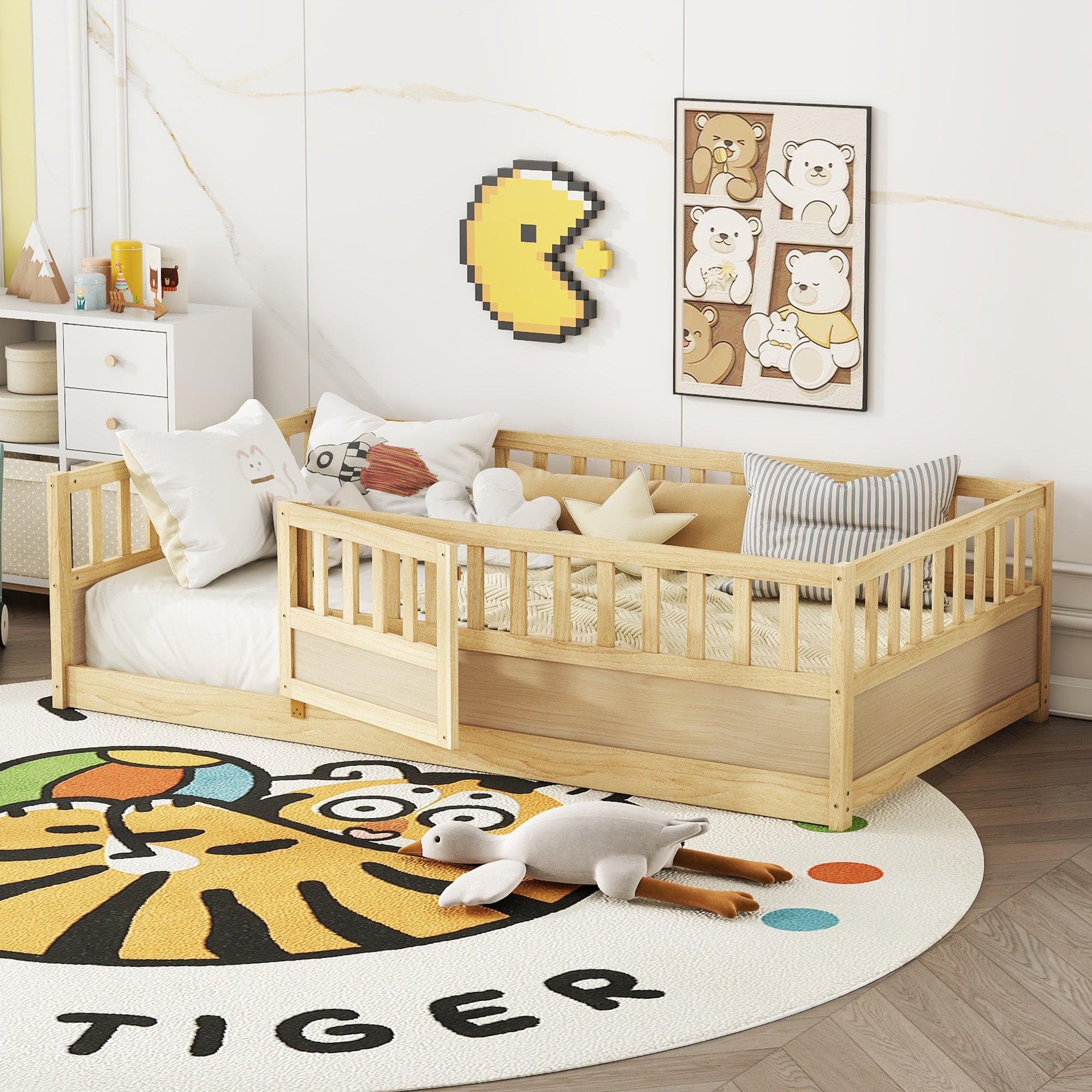 Twin Size Floor bed, integral construction with super high security barrier, door, children's floor bed frame, Montessori wooden children's floor bed, Support  slat Natural Wood(Patented model) Secondary image