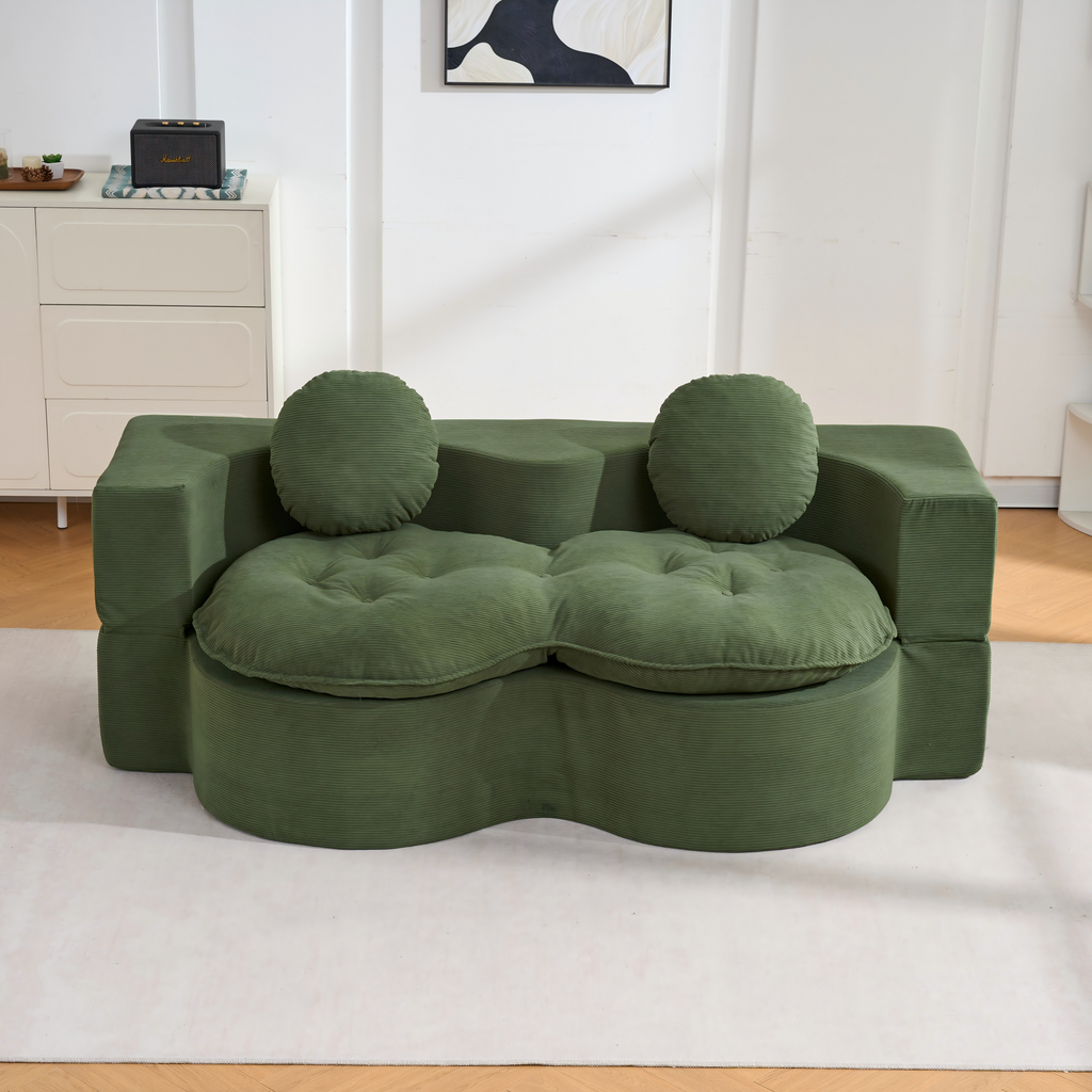 Convertible Sleeper Sofa, Modern Folding Futon Corduroy Floor Foam Compression Loveseat Sofa Bed Couch, Foldable Full Size Guest Bed with 2 Pillows for Living Room Bedroom Apartment, Green