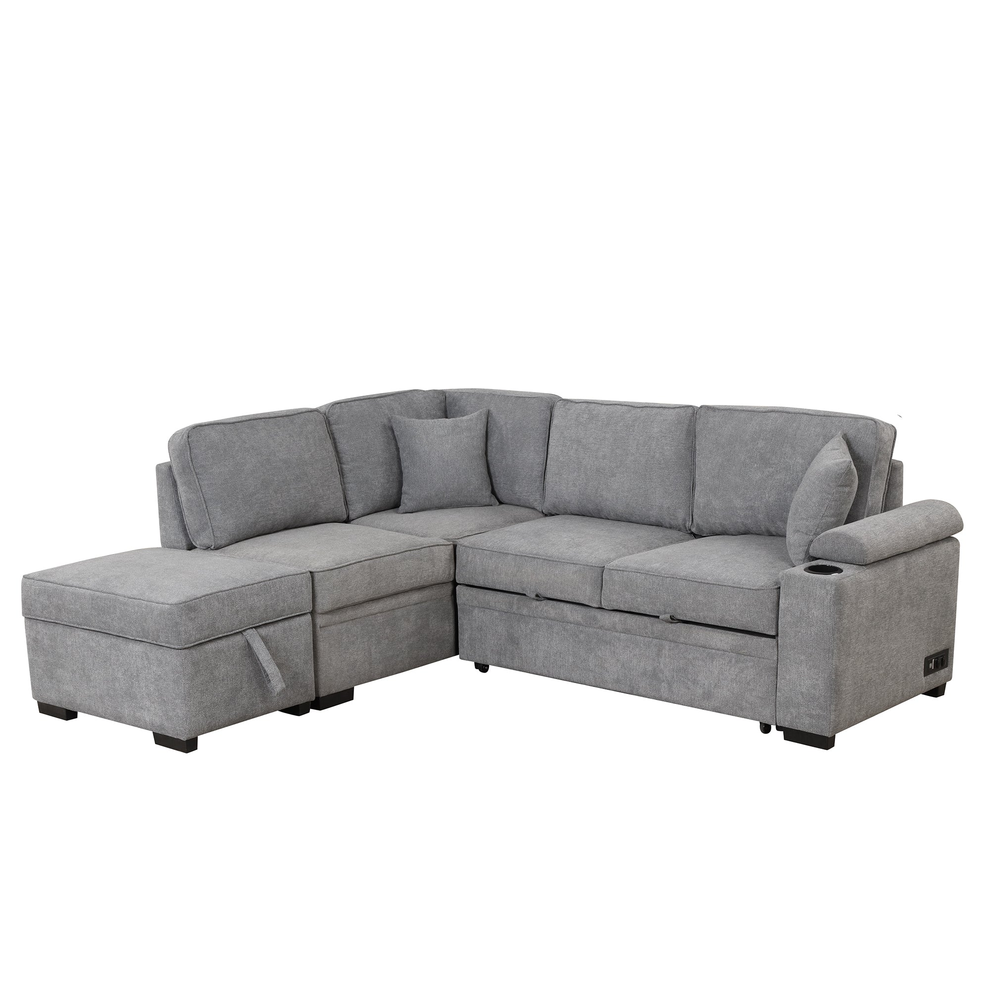 Modern Sleeper Sofa Bed with Storage Ottoman, Gray Linen, 84.75' L Shape Couch for Living Room or Apartment Main image