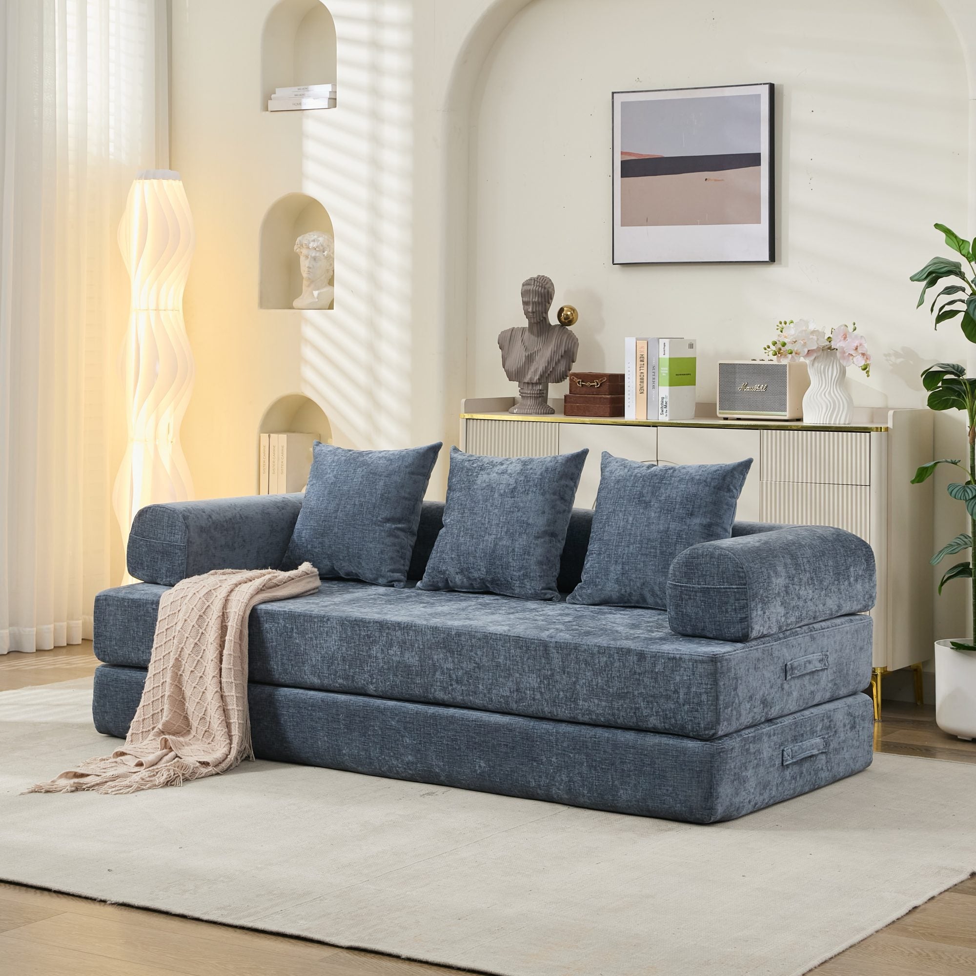 Comfy Convertible Folding Mattress Couch, Floor Sofa Bed, Chenille Floor Sofa with Armrest, Floor Sofa Lounge Couch for Living Room Bedroom Lounge Studio-Blue Main image