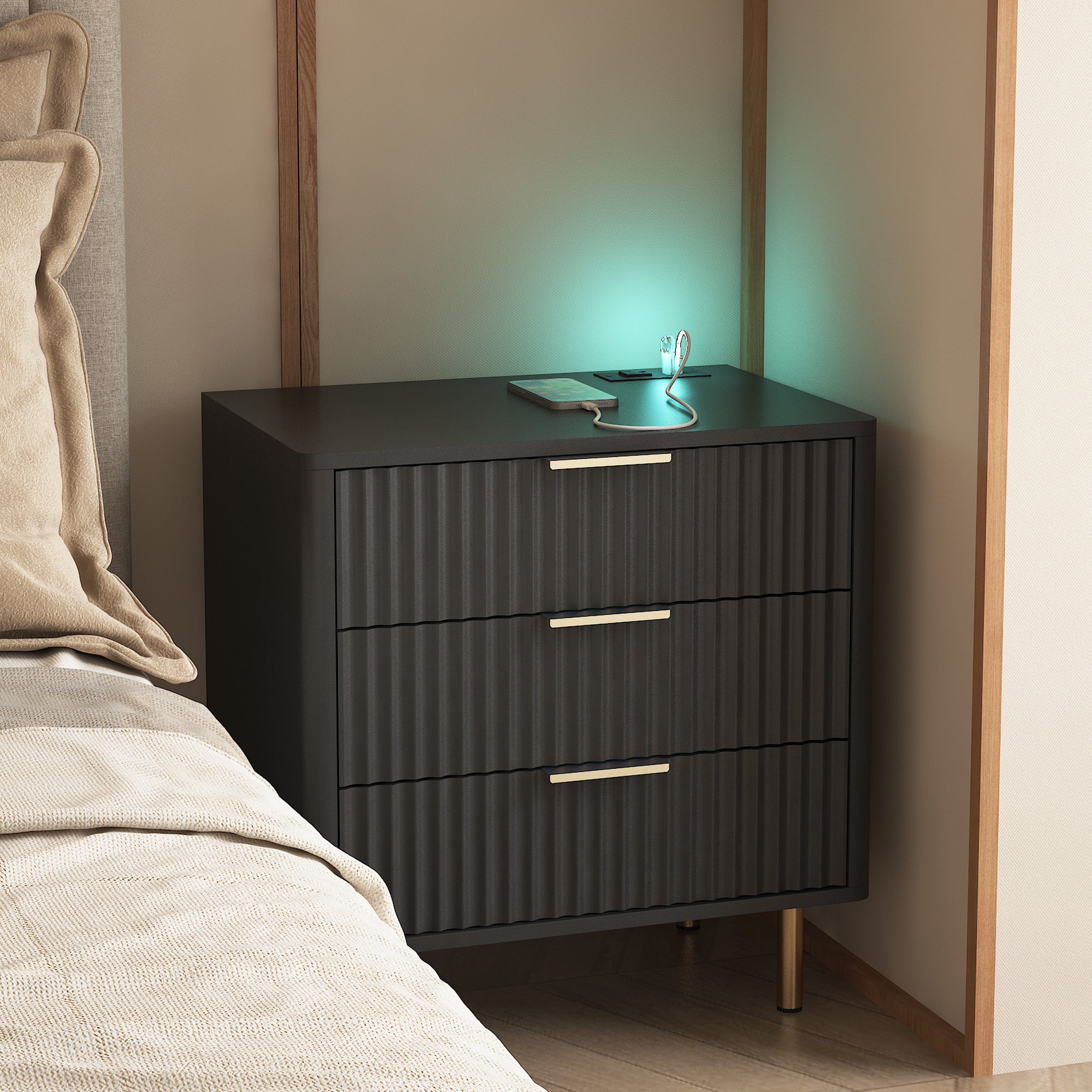 Nightstand with Charging Station, Smart Nightstand with Night Light, Modern Night Stand with Storage Cabinet for Bedroom Main image
