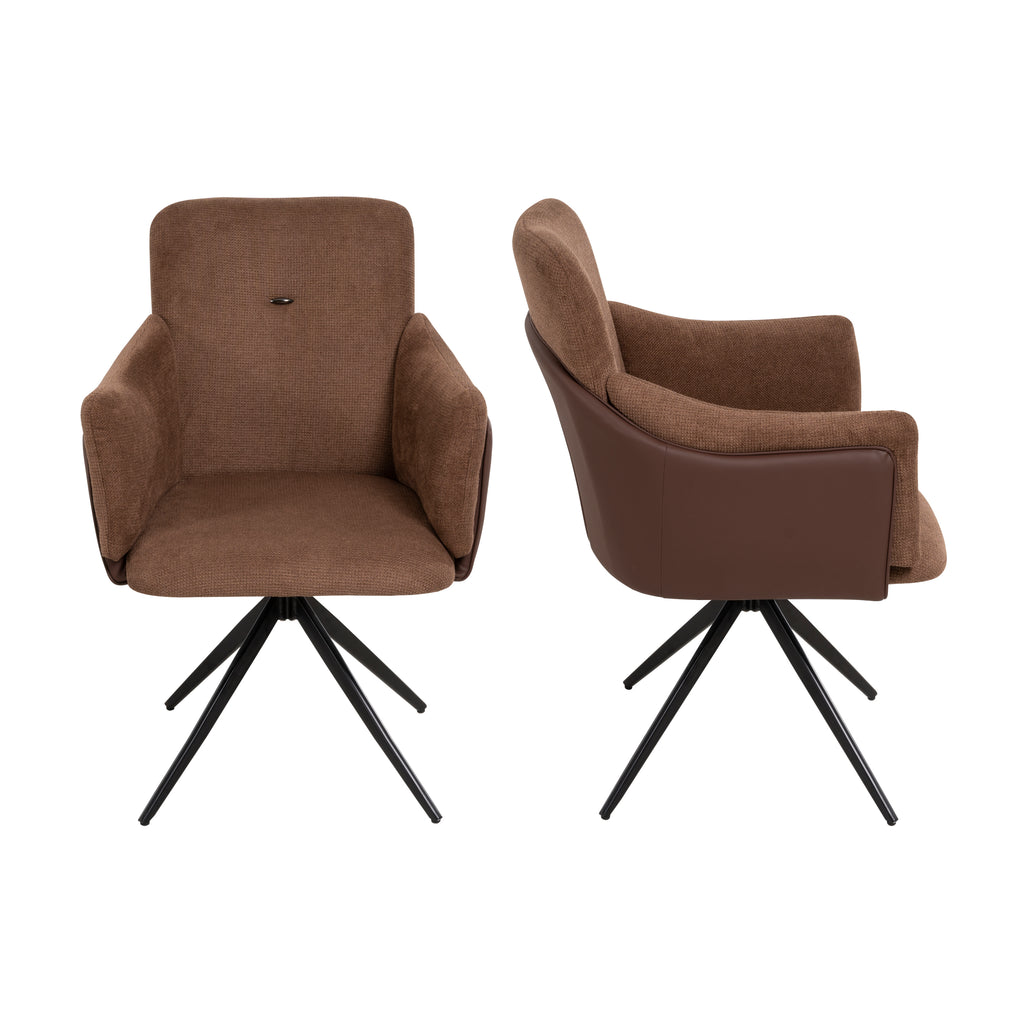 360° Swivel Home Office Desk Chairs Set of 2, Upholstered Dining Chairs with Arm, Dark Brown Faux Leather and Linen Fabric, Metal Base, for Living Room, Bedroom, Study, Vanity