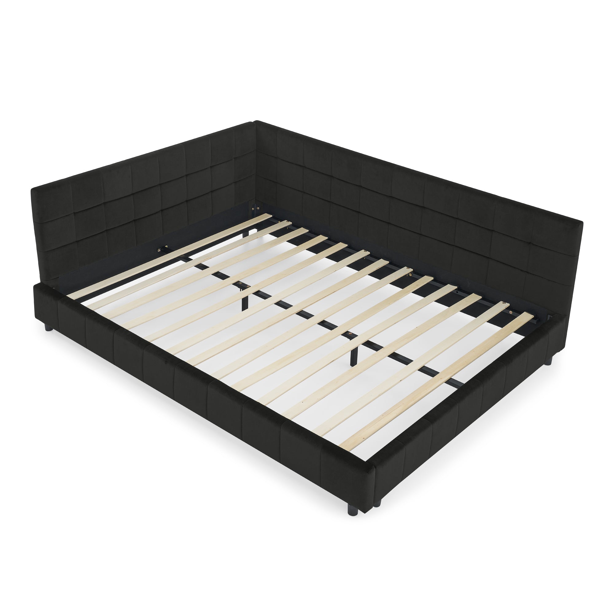 Mid-Century Velvet Queen Size Upholstered Tufted Bed Frame with Backrest and Armrests in Black Main image