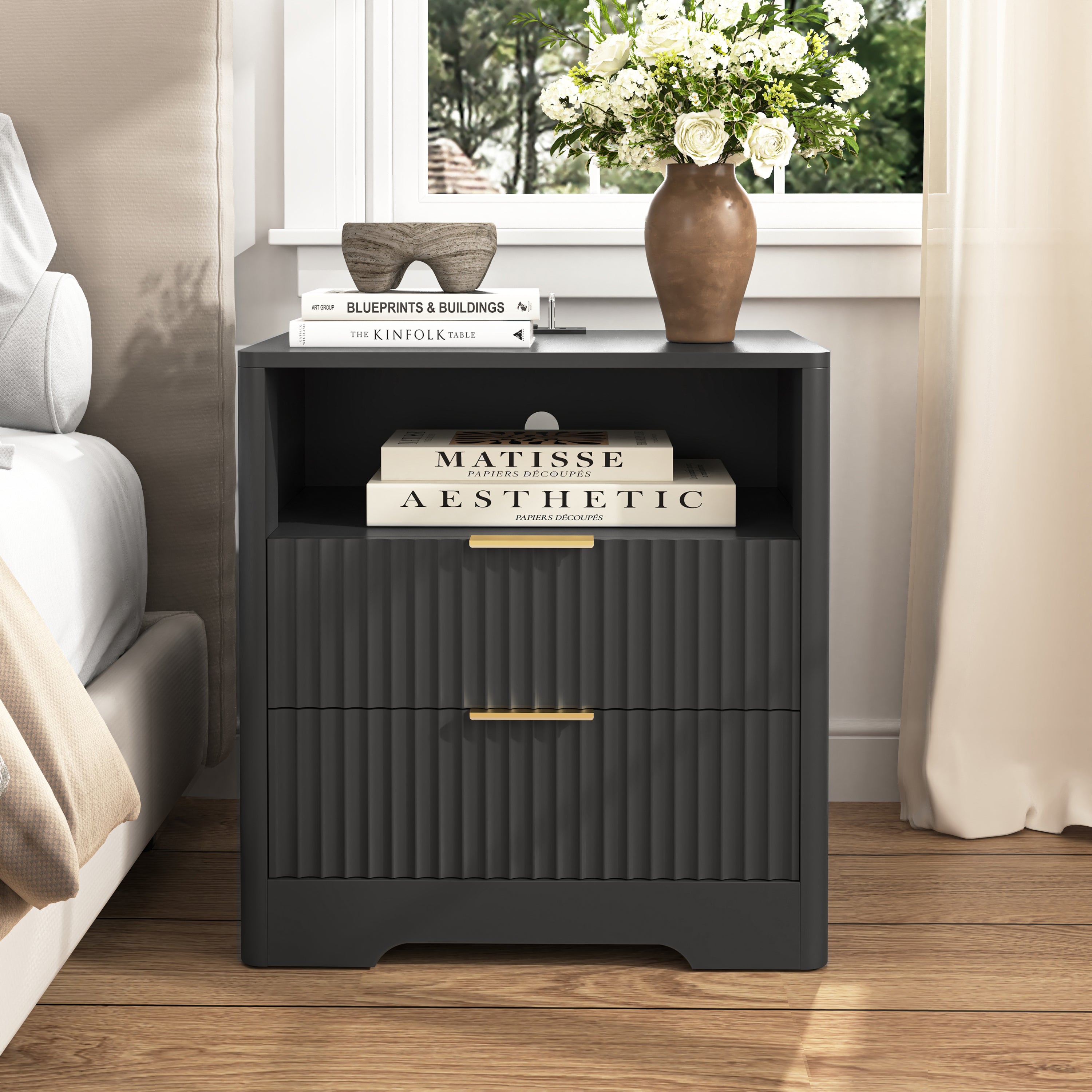 Nightstand with Charging Station, Smart Nightstand with Night Light,Bedside Tables with Storage Cabinet for Bedroom,Black Main image