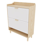 31.5 Inch Nordic Style Shoe Storage Cabinet with 2 Flip Drawers, White and Solid Wood Finish, Compact Entryway Organizer with MDF Body and Wooden Legs
