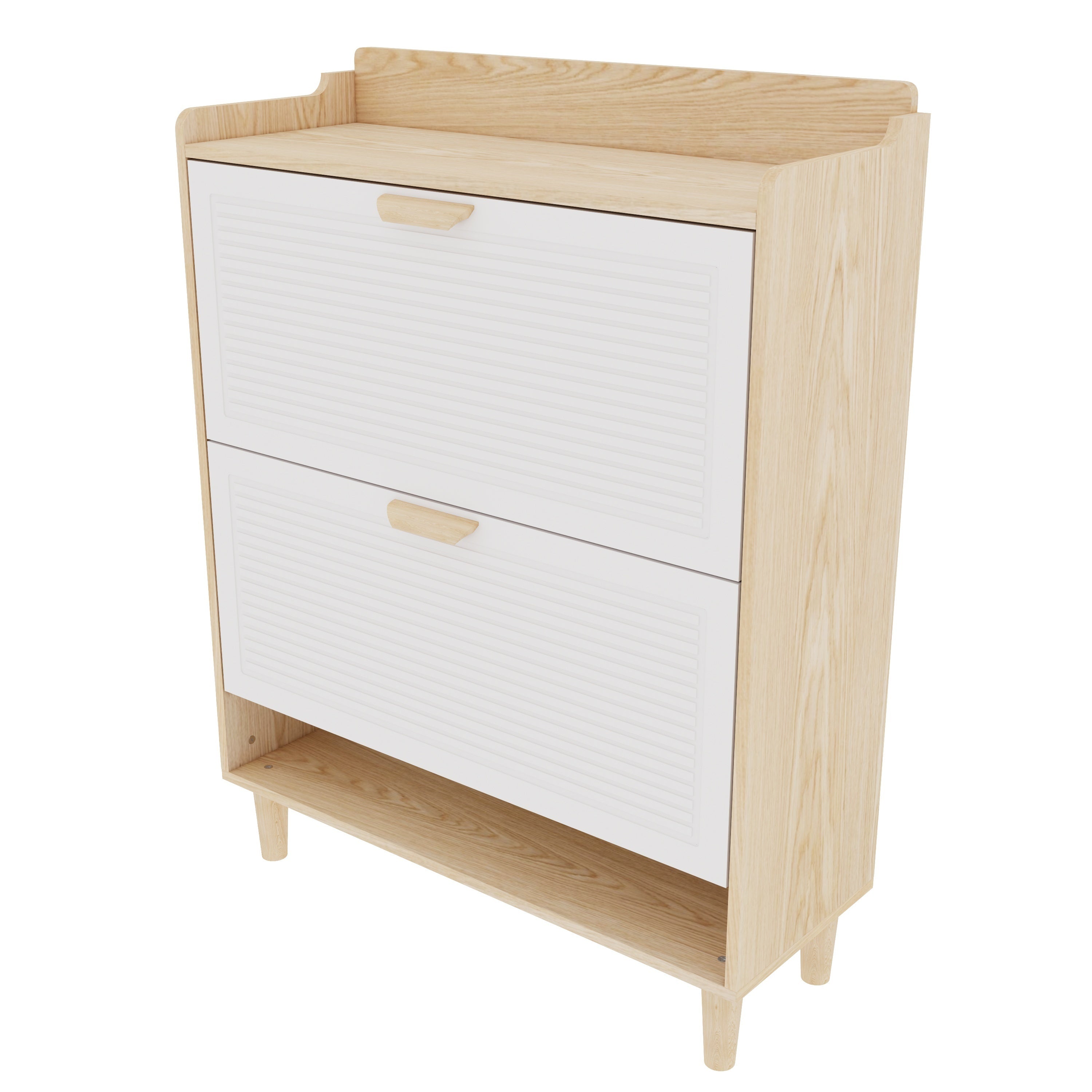31.5 Inch Nordic Style Shoe Storage Cabinet with 2 Flip Drawers, White and Solid Wood Finish, Compact Entryway Organizer with MDF Body and Wooden Legs