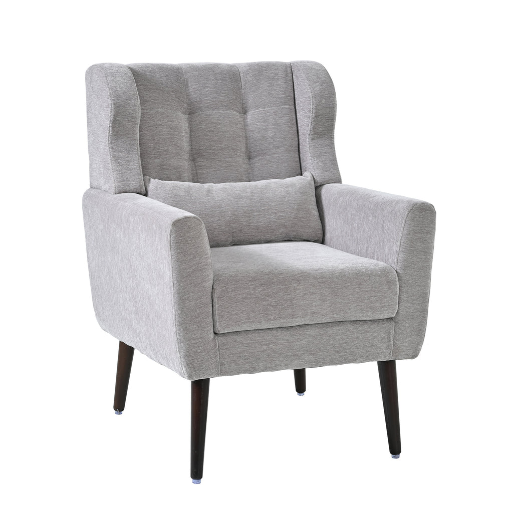 Modern Accent Chair Chenille Arm Chairs for Living Room Upholstered Comfy Soft Padded Lounge Chair with Pillow Solid Wood Leg Gray