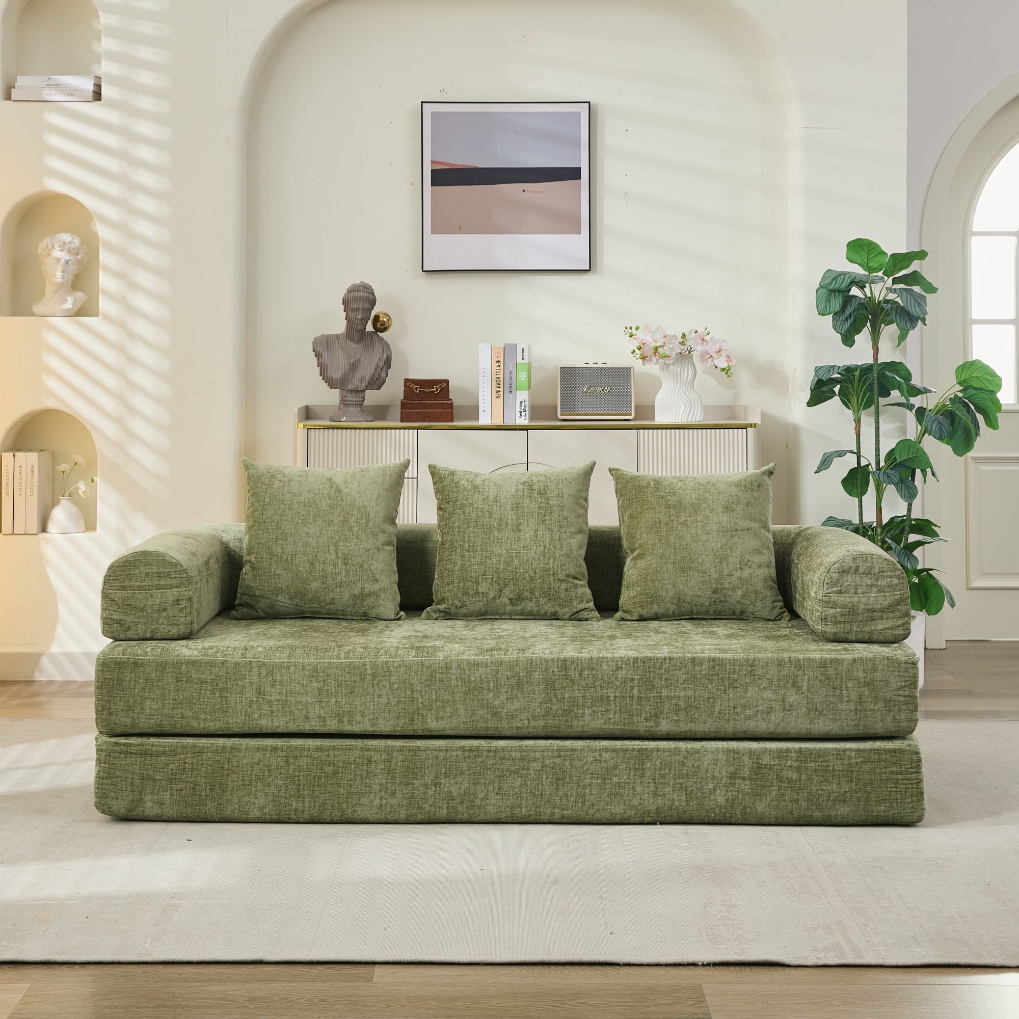 Comfy Convertible Folding Mattress Couch, Floor Sofa Bed, Chenille Floor Sofa with Armrest, Floor Sofa Lounge Couch for Living Room Bedroom Lounge Studio-Green Secondary image