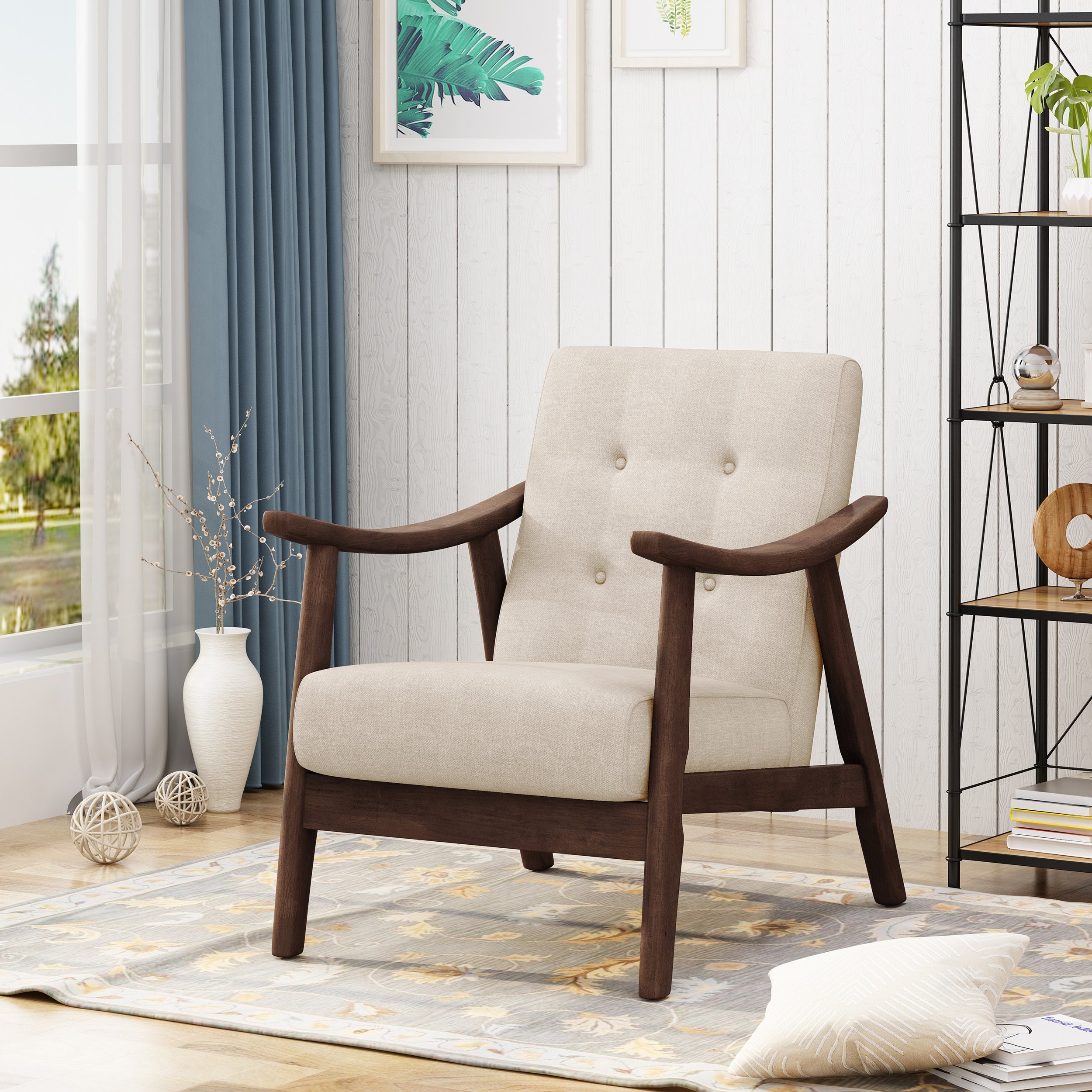 Mid-Century Modern Accent Chair, Tufted Armchair with Beige Upholstery and Brown Frame, 1-Piece Main image