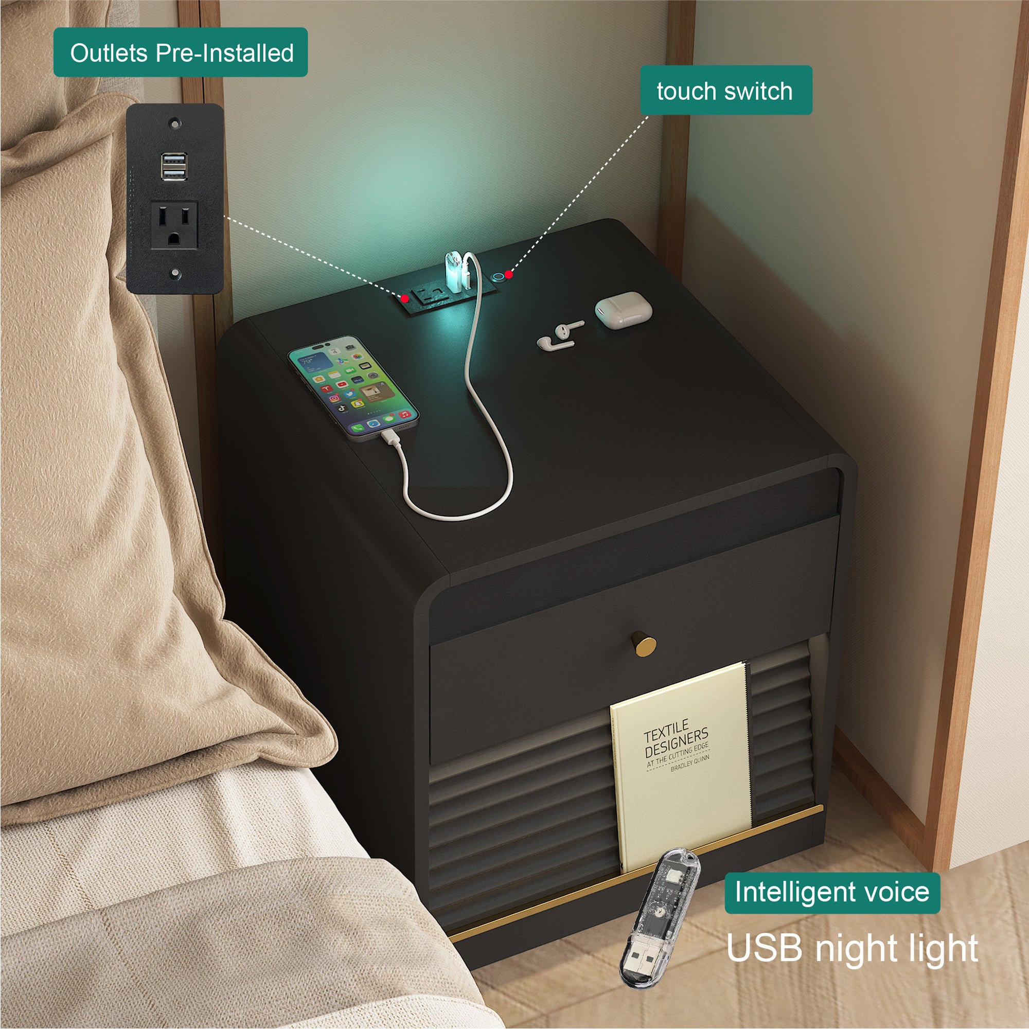 Nightstand with Charging Station, Smart Nightstand with Night Light,with Led Lights,Bedside Tables with Storage Cabinet for Bedroom,Black Secondary image