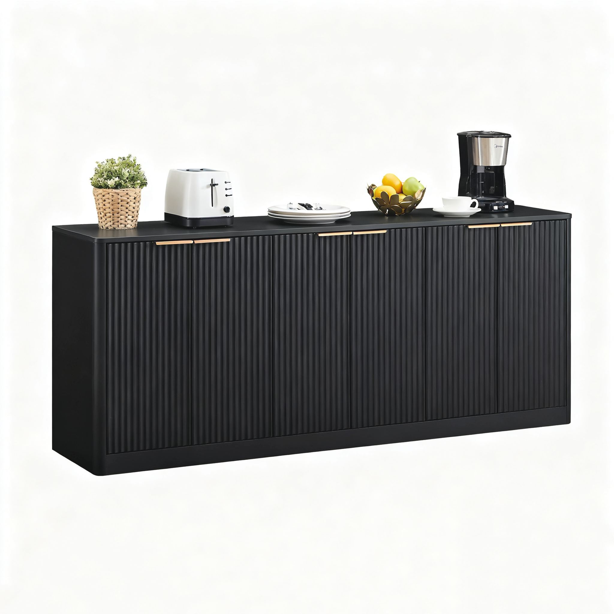 67-inch modern wavy sideboard, curved contour design storage cabinet, 6-door cabinet with storage function, suitable for kitchen / bedroom / living room, Black, 67.0'L x 15.7'W x 27.7'H Main image