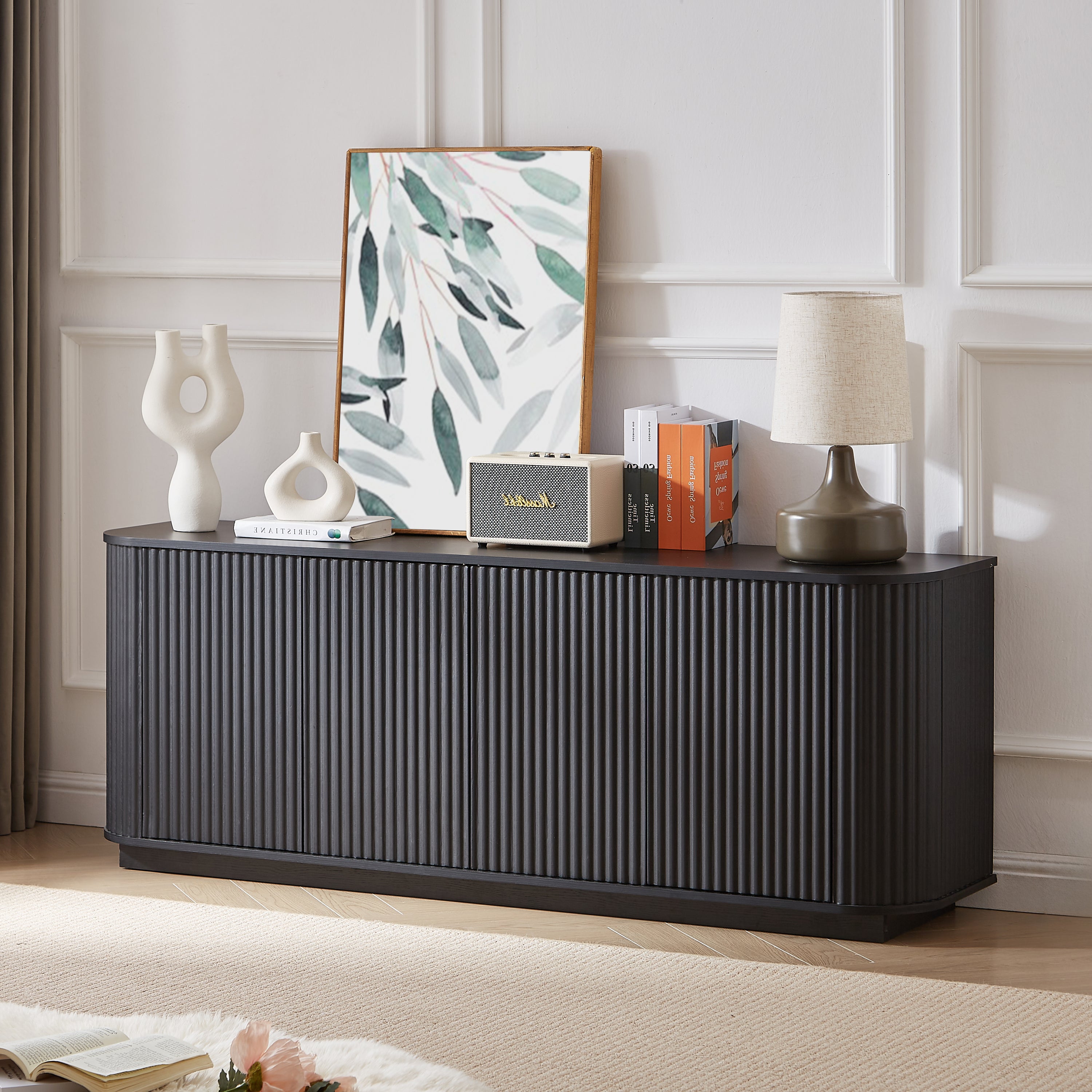 Sideboard Storage Cabinet TV Stand with wave pattern Buffet Cabinet Wooden Vertical Striped Cabinet for Kitchen/Bedroom/Entryway. Black, 64''W x 15''D x 24''H. Main image