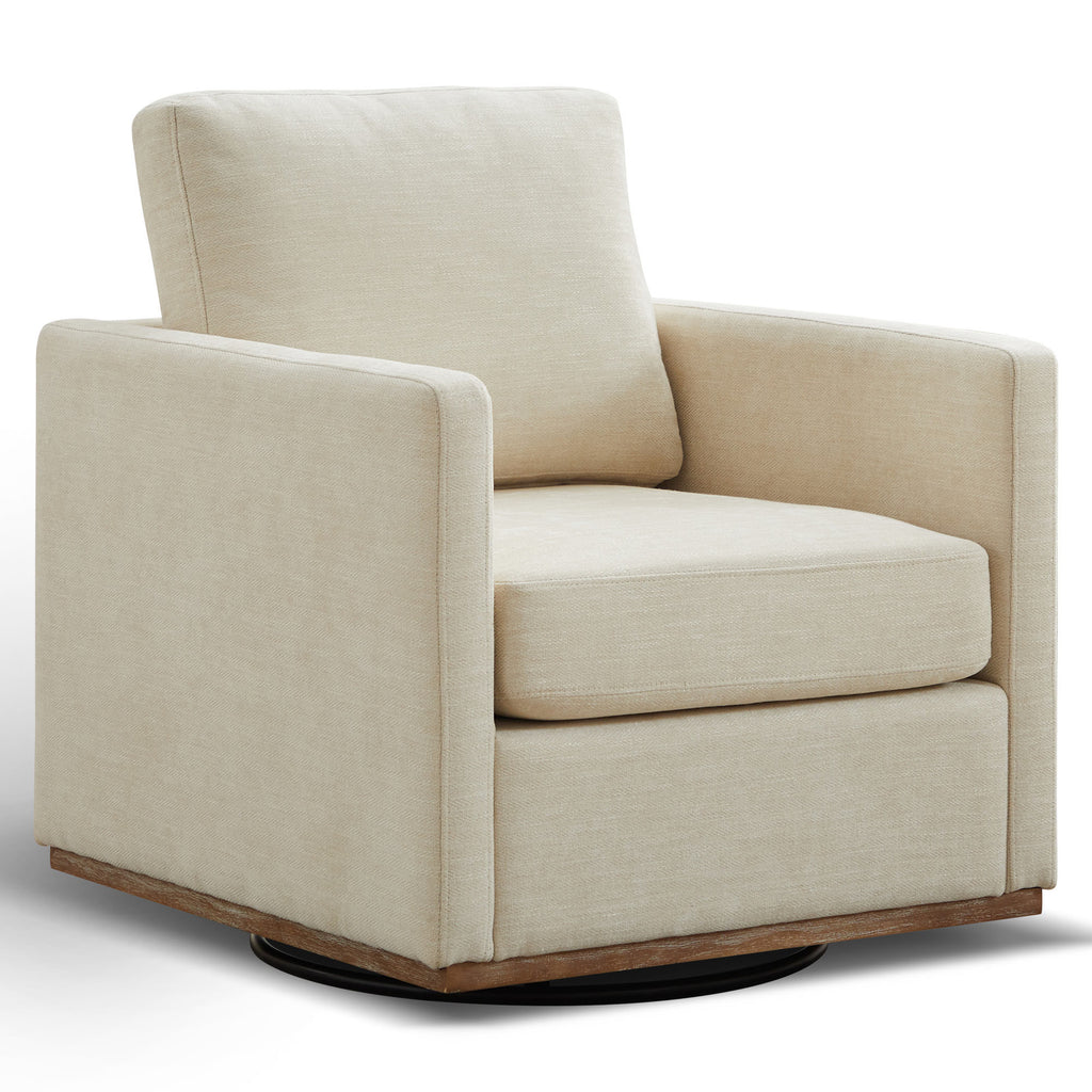 Beige Square Upholstered Swivel Accent Chair with Weathered Wooden Base and Metal 360° Swivel Mechanism, 30.7'W Living Room Bedroom Lounge Chair