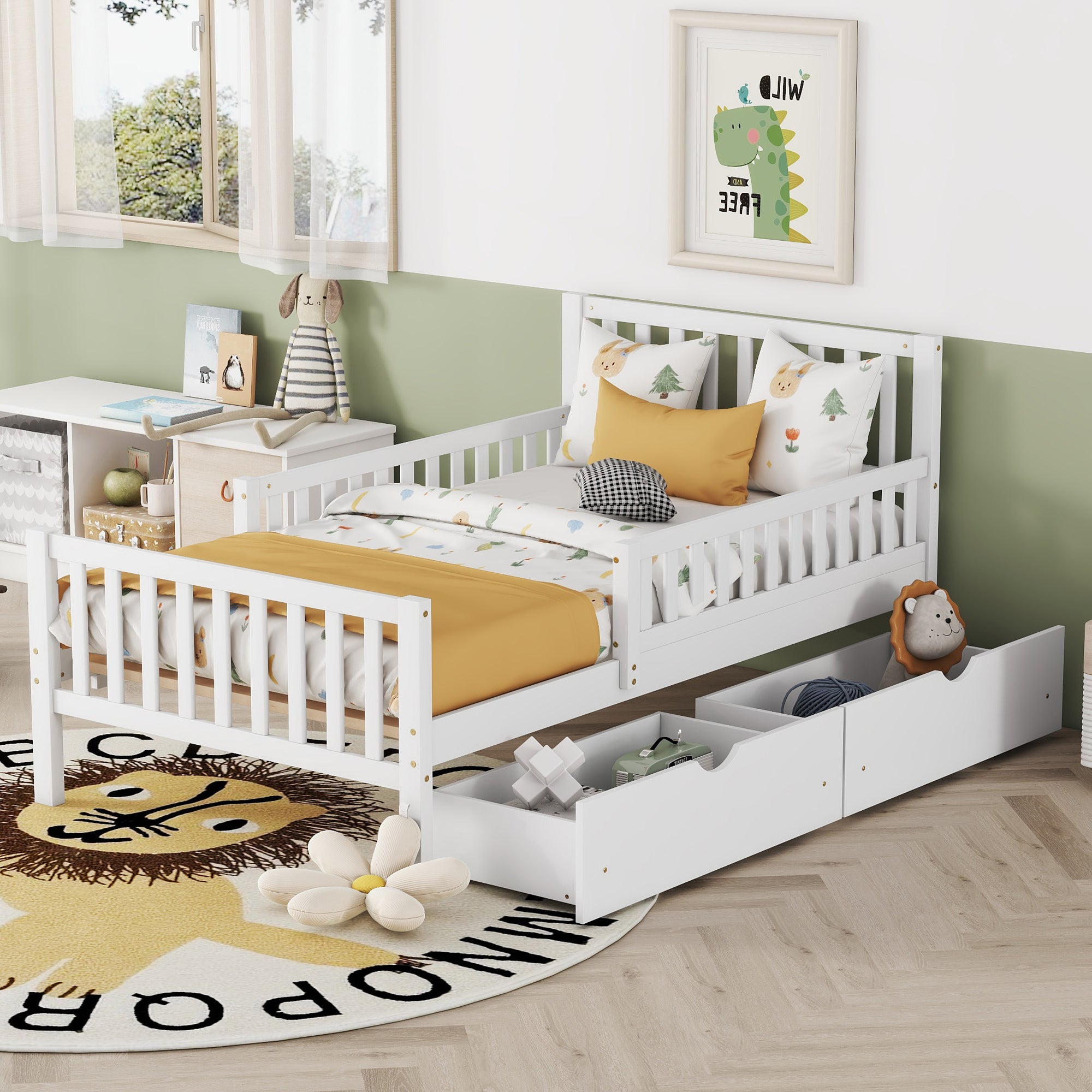 Twin Size Wood Platform Bed with Guardrails on Both Sides and Two Storage Drawers ,White Main image