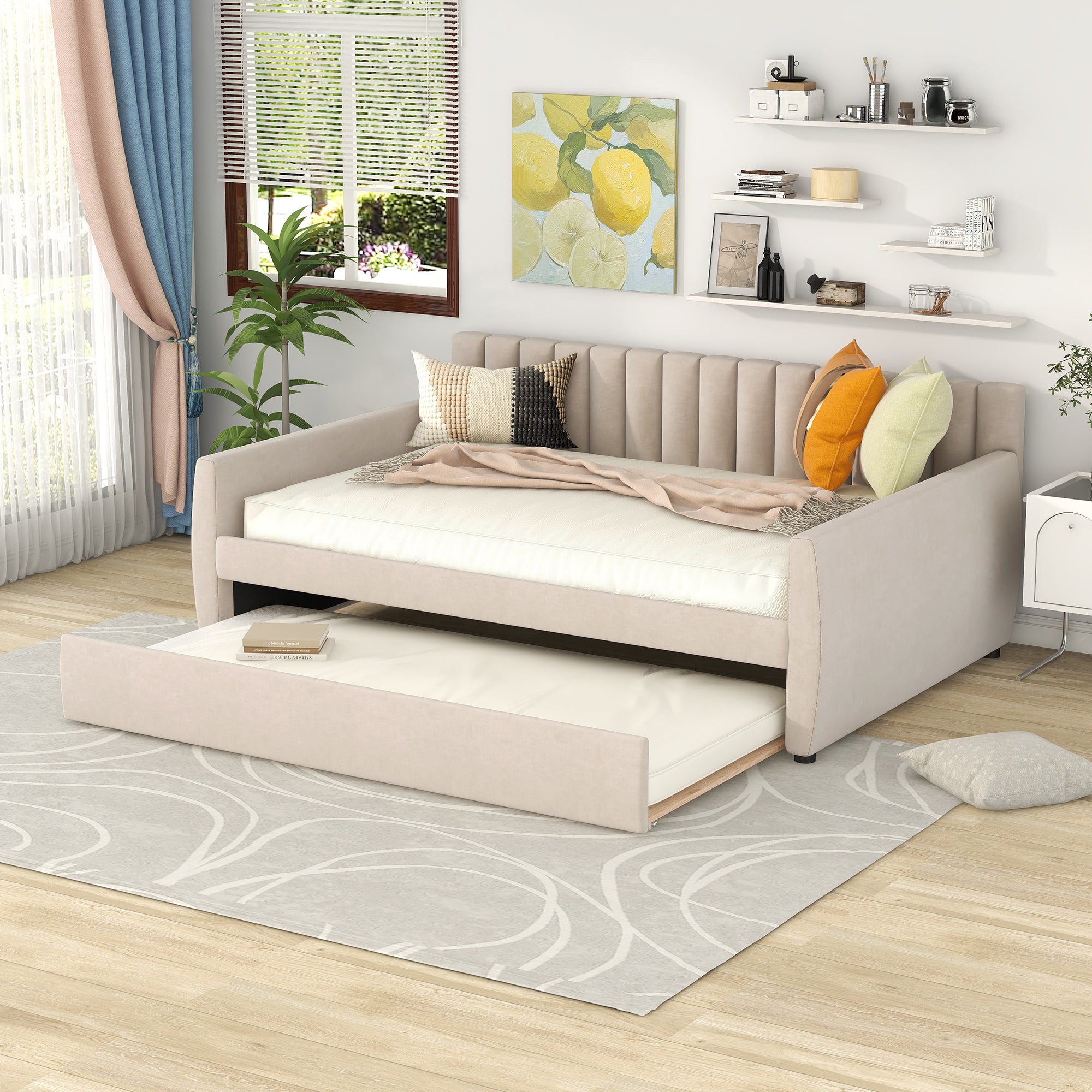 Full Size Upholstered daybed with Trundle and Wood Slat Support, Beige(Old SKU:LP000121AAA) Main image