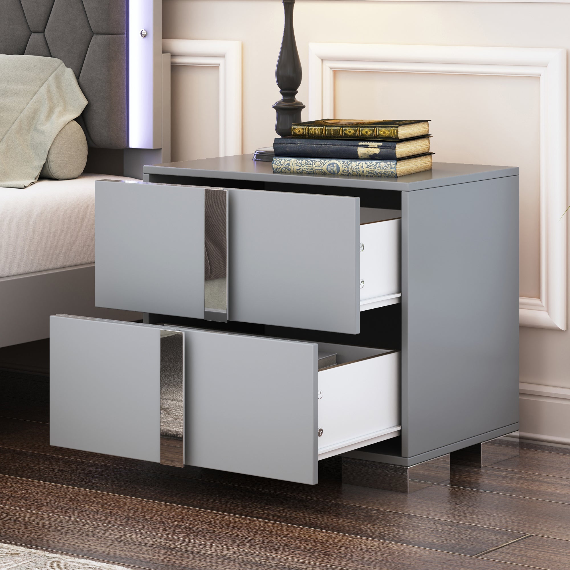 Elegant Nightstand with Metal Foot, Mirrored Bedside Table with 2 Drawers for Bedroom, Living Room, Gray (Old SKU: WF319353AAE) Secondary image
