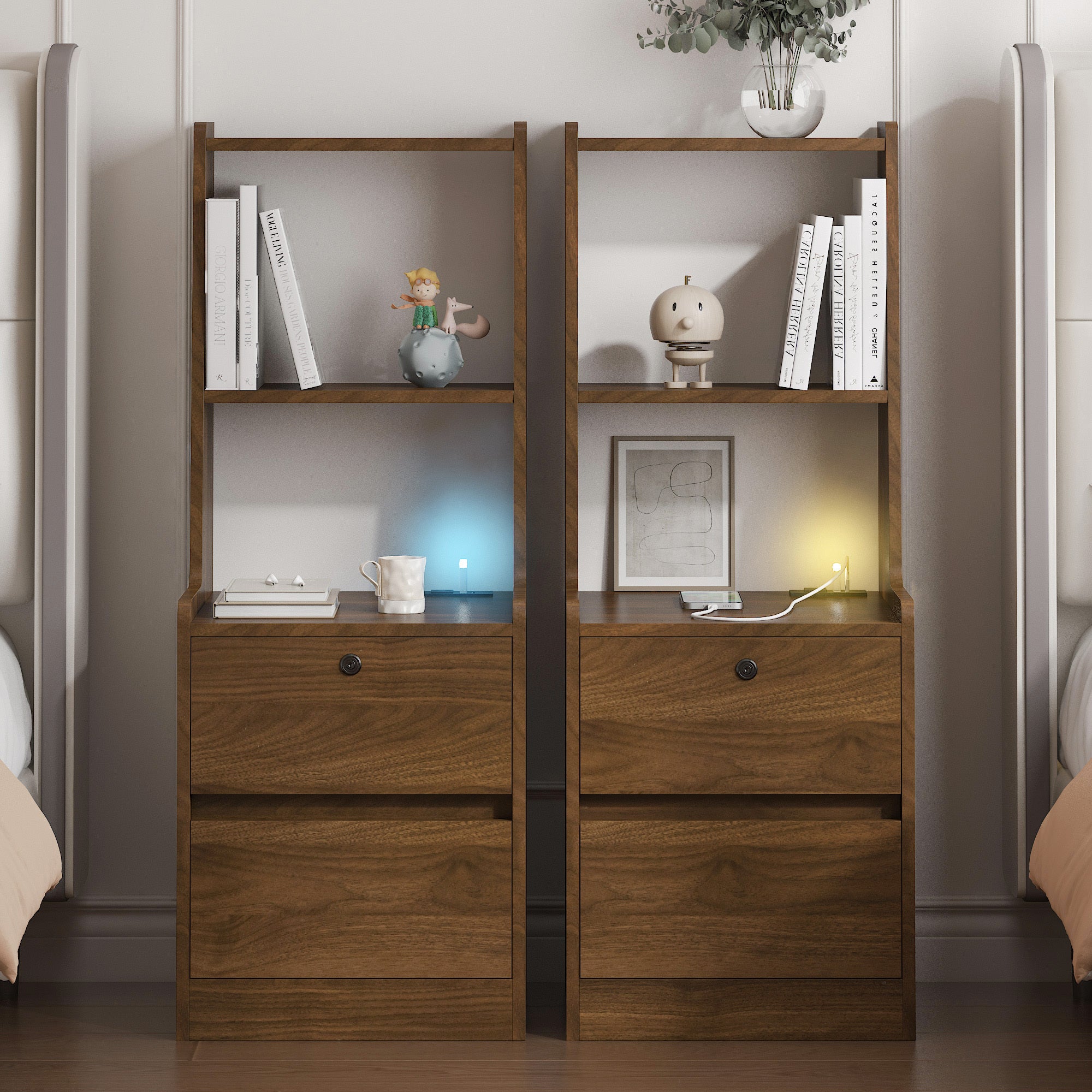 Nightstands Set of 2, with Charging Station, Smart Nightstand with Night Light, Modern Night Stand with Bookshelf, Bedside Tables with Storage Cabinet for Bedroom, Wood Main image