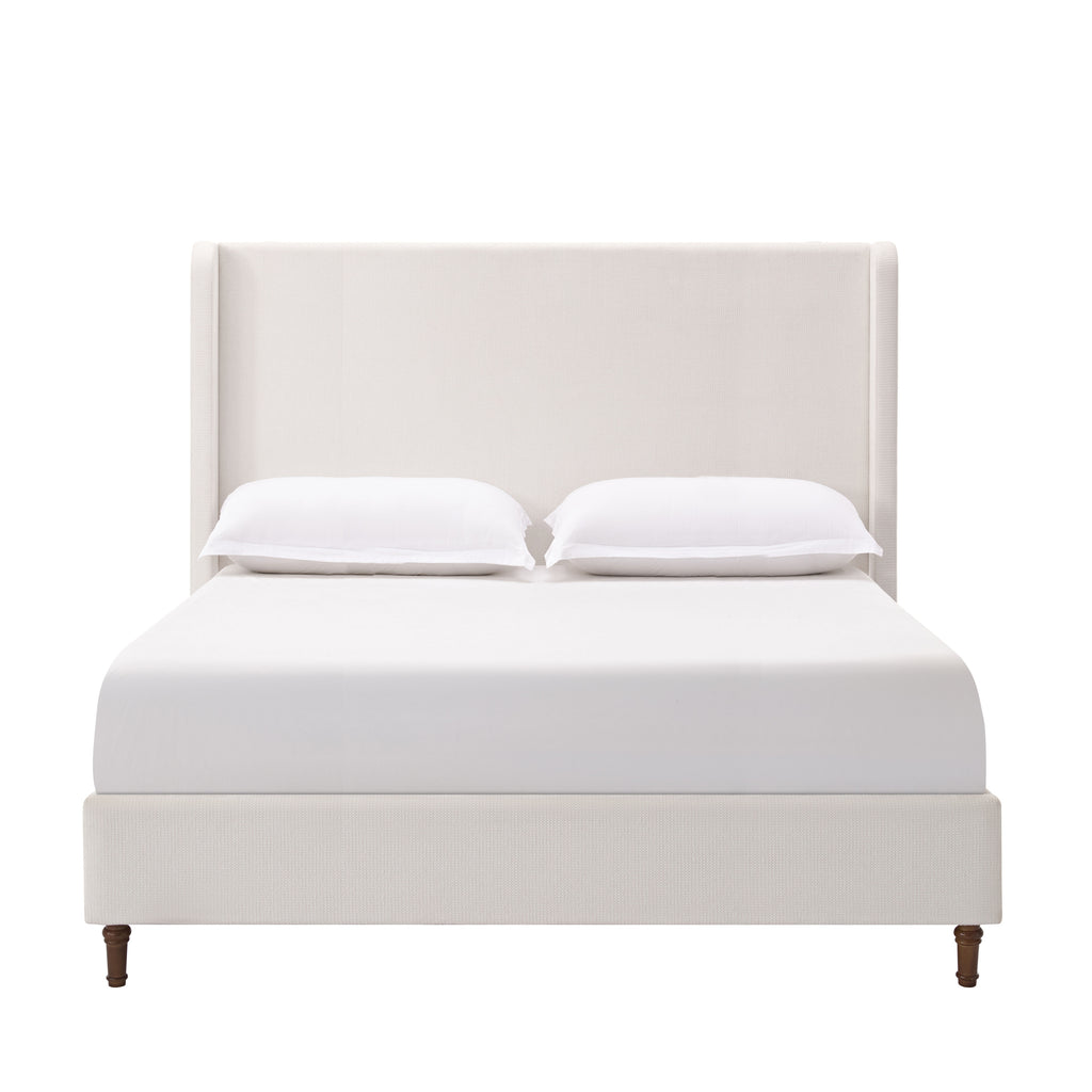 Harper Tall Headboard Upholstered Bed Frame in Cream White Chenille with 54' Height, Wooden Slats Base, Walnut Effect Feet, California King Size