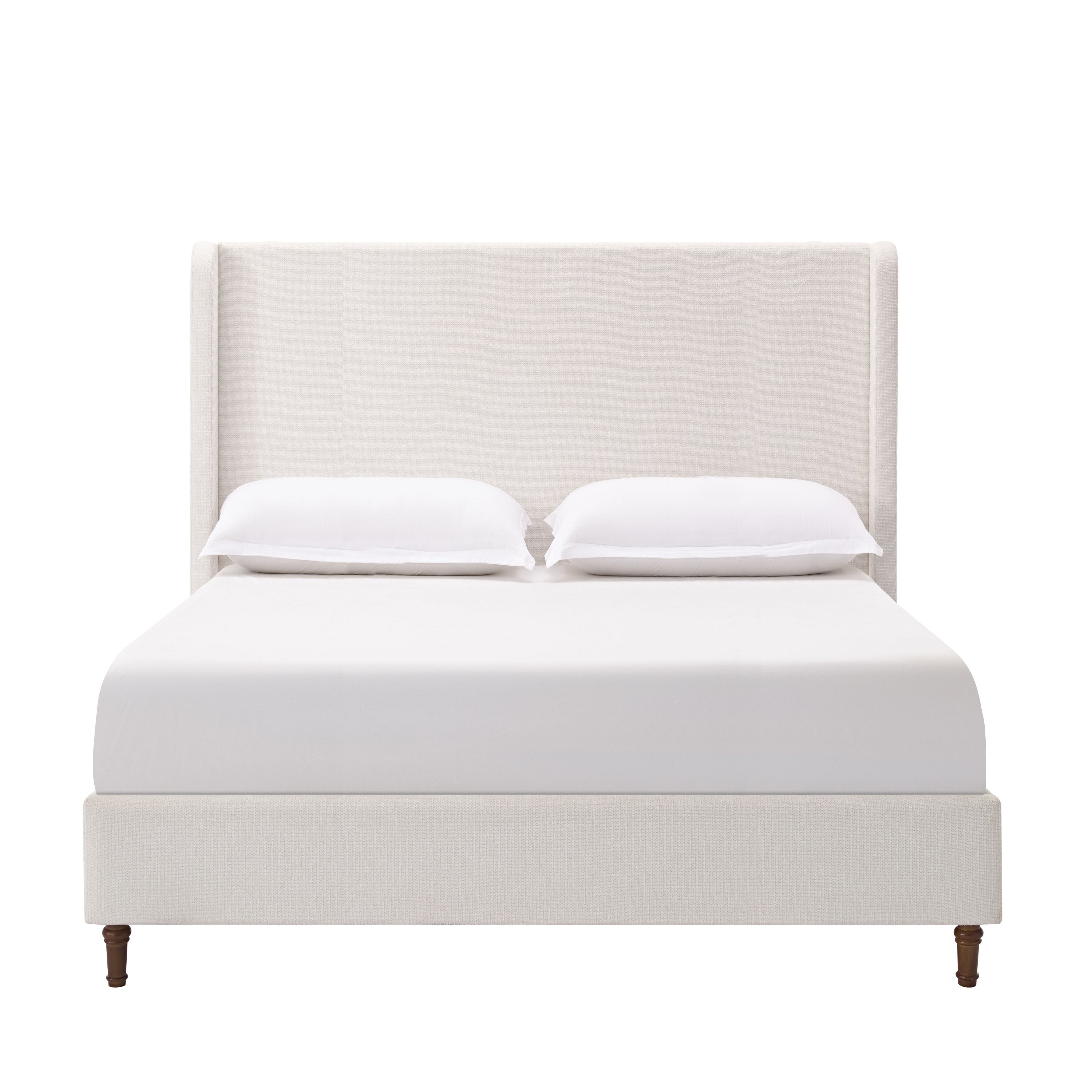 Harper Tall Headboard Upholstered Bed Frame in Cream White Chenille with 54' Height, Wooden Slats Base, Walnut Effect Feet, California King Size