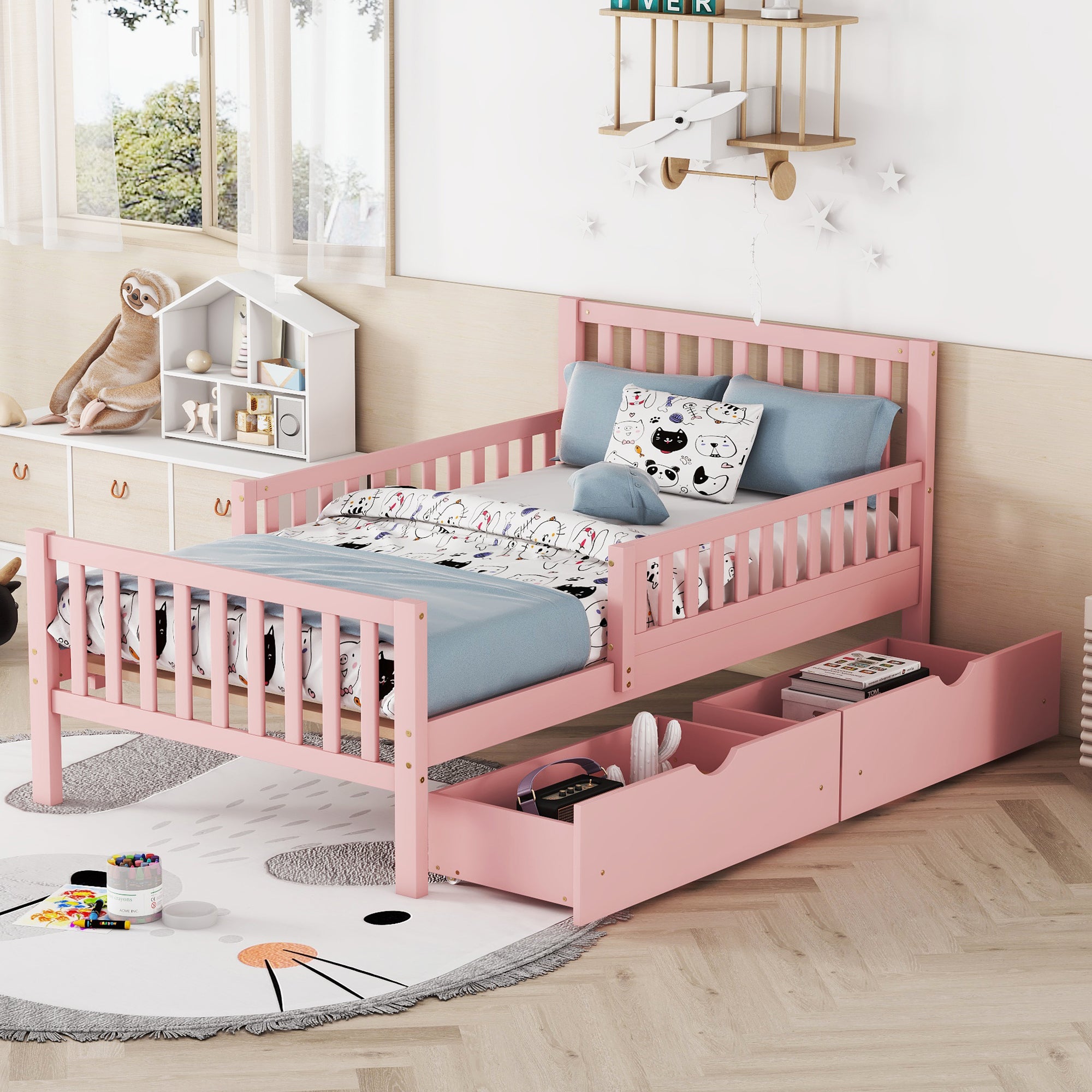 Twin Size Wood Platform Bed with Guardrails on Both Sides and Two Storage Drawers ,Pink Main image