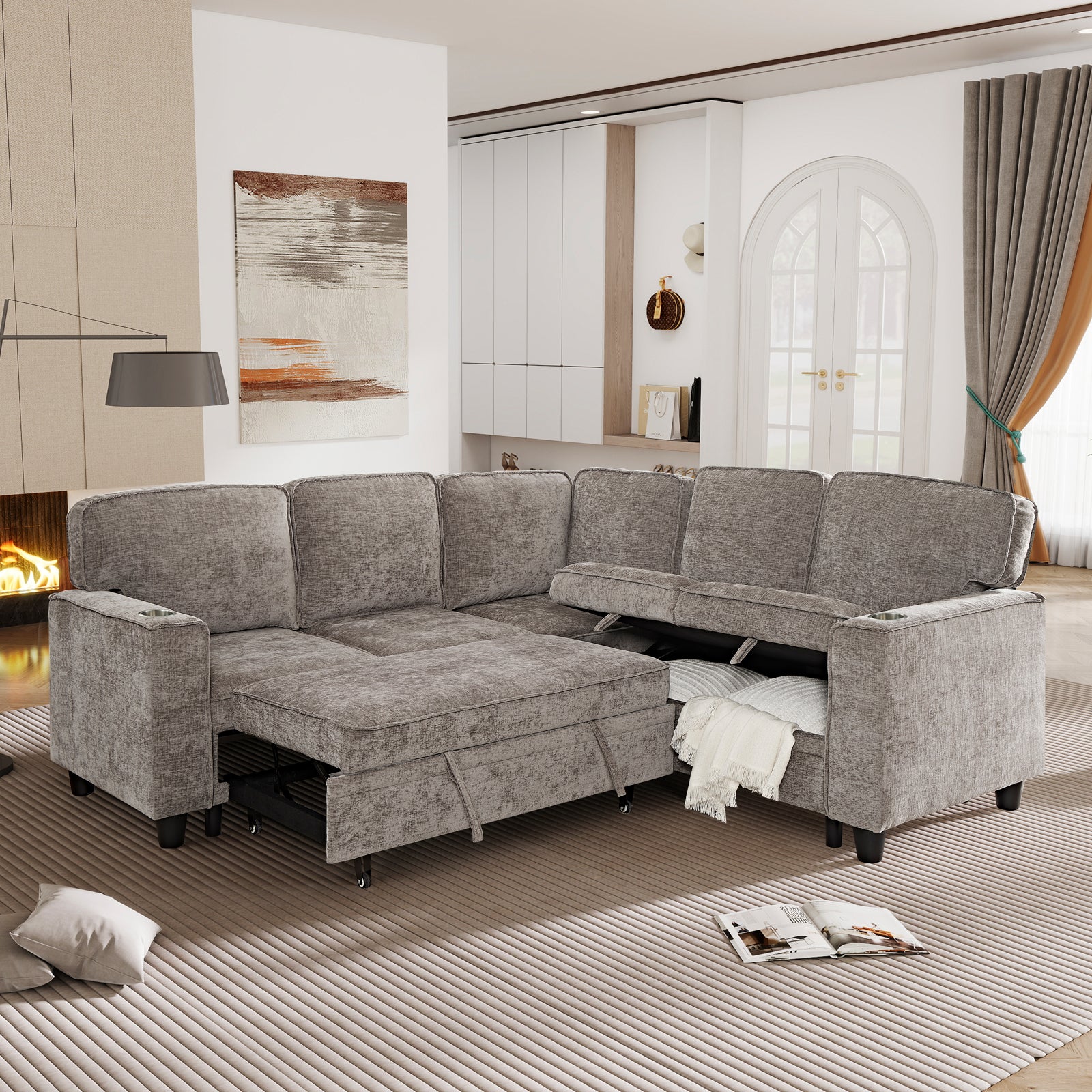 L-Shaped Sofa with Pull Out Sofa Bed, Sleeper Sofa Couch Bed with Storage Seat, 5 Seat Sectional Sofa Bed with USB, Sectional Sofa Couch for Living Room, Apartment, Light Brown