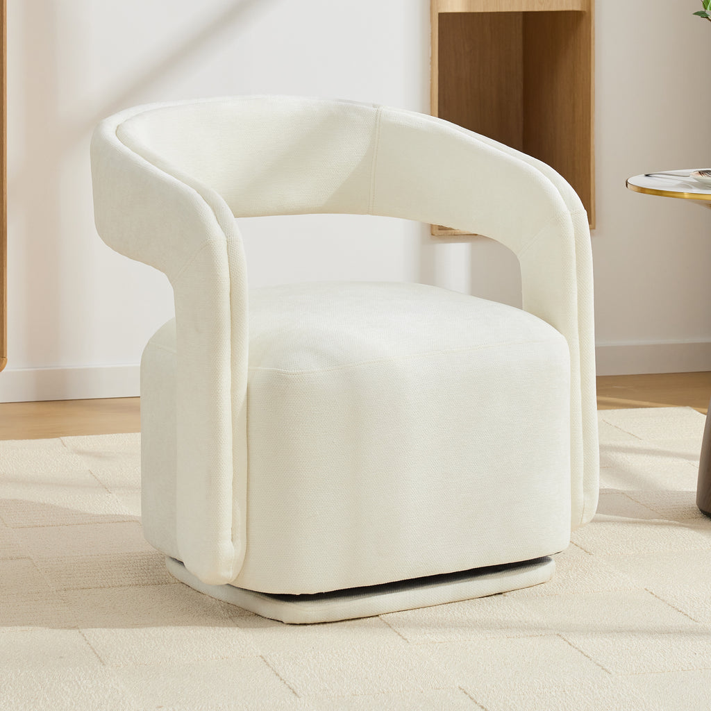 065-Chenille Fabric Swivel Accent Armchair, Comfy Barrel Leisure Chair With Curved Backrest, Upholstered Reading Chair With Black Swivel Base, 22-inch large seat depth and width, White