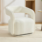 065-Chenille Fabric Swivel Accent Armchair, Comfy Barrel Leisure Chair With Curved Backrest, Upholstered Reading Chair With Black Swivel Base, 22-inch large seat depth and width, White