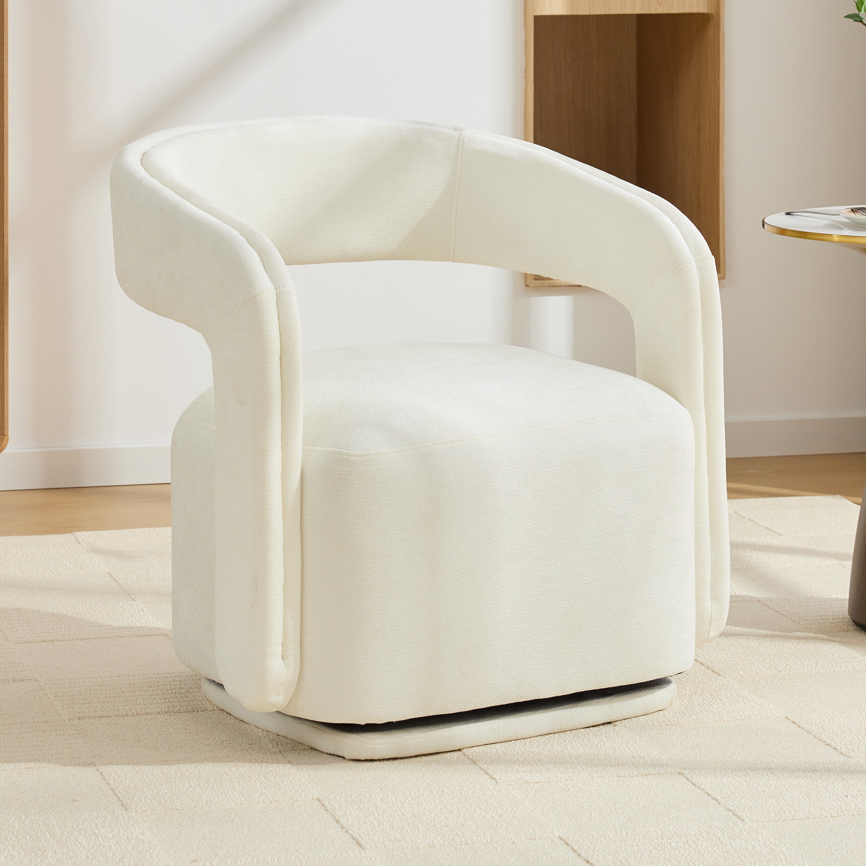 065-Chenille Fabric Swivel Accent Armchair, Comfy Barrel Leisure Chair With Curved Backrest, Upholstered Reading Chair With Black Swivel Base, 22-inch large seat depth and width, White