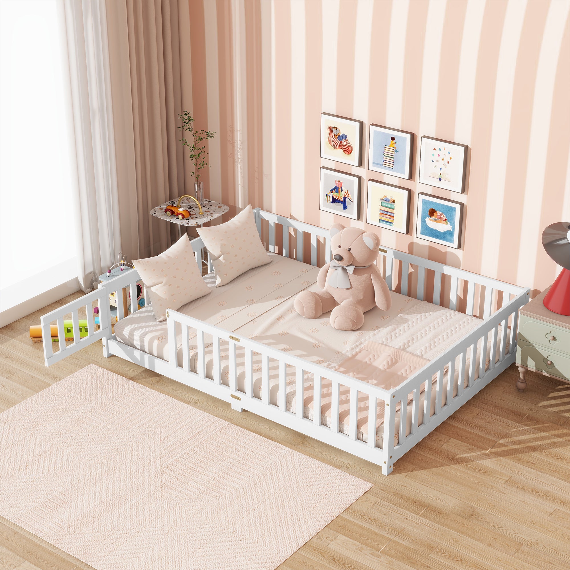 Full Size Floor Bed with Fence and Door,Rubber Wood Floor Bed with Safety Guardrails,White Main image