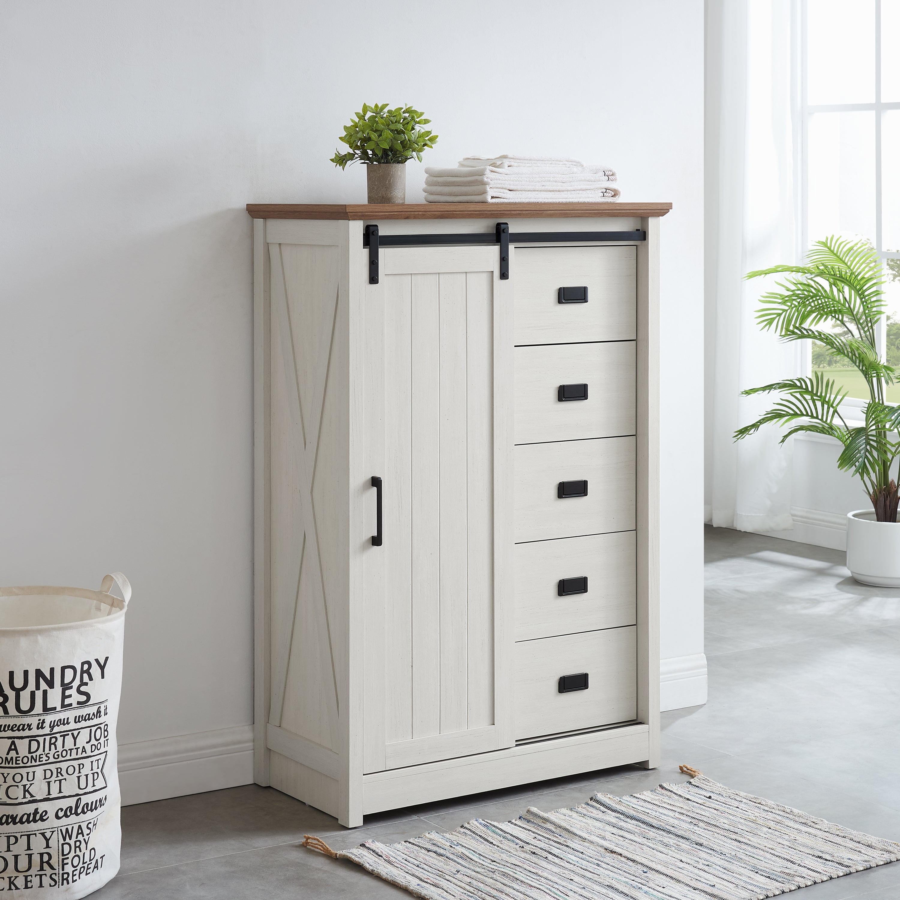 5 Drawers Dresser w/Sliding Barn Door, Farmhouse Modern Tall Dresser 5 Chest of Drawers, Storage Organizer Dresser for Bedroom, Hallway, Living Room, Kids Room WHITE Main image