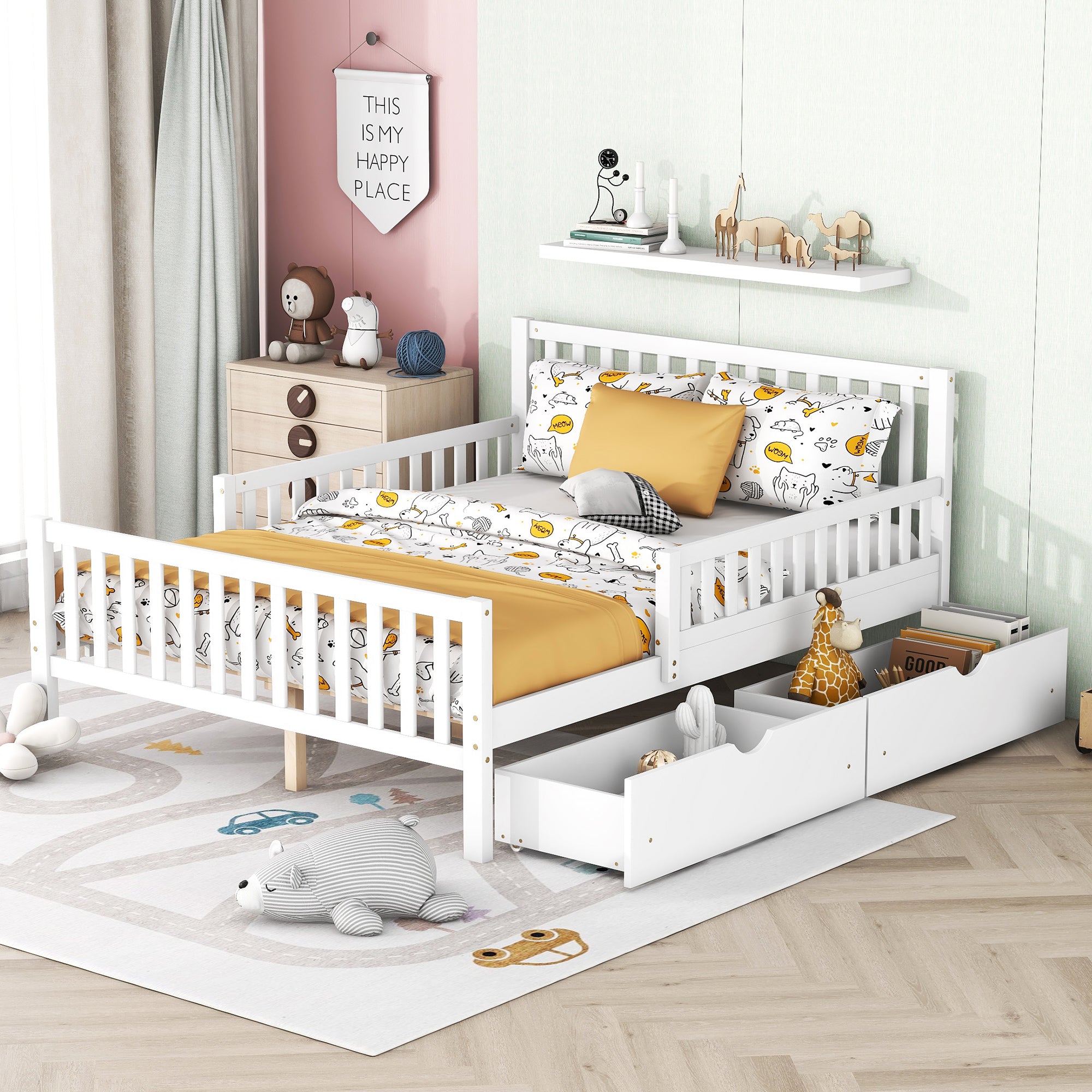 Full Size Wood Platform Bed with Guardrails on Both Sides and Two Storage Drawers ,White Main image