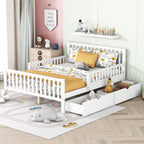 Full Size Wood Platform Bed with Guardrails on Both Sides and Two Storage Drawers ,White
