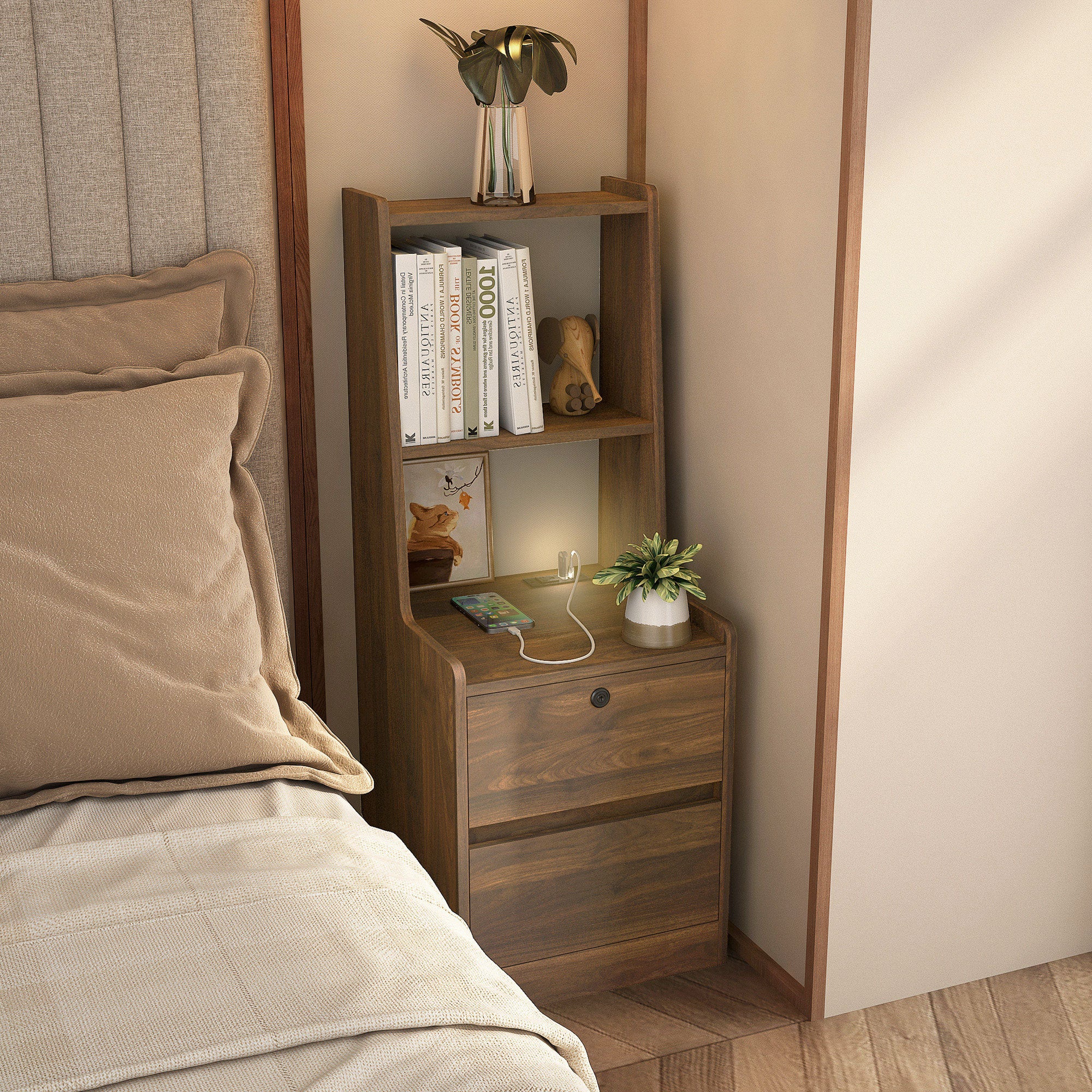 Nightstand with Charging Station, Smart Nightstand with Night Light, Modern Night Stand with Bookshelf, Bedside Tables with Storage Cabinet for Bedroom, Wood Main image