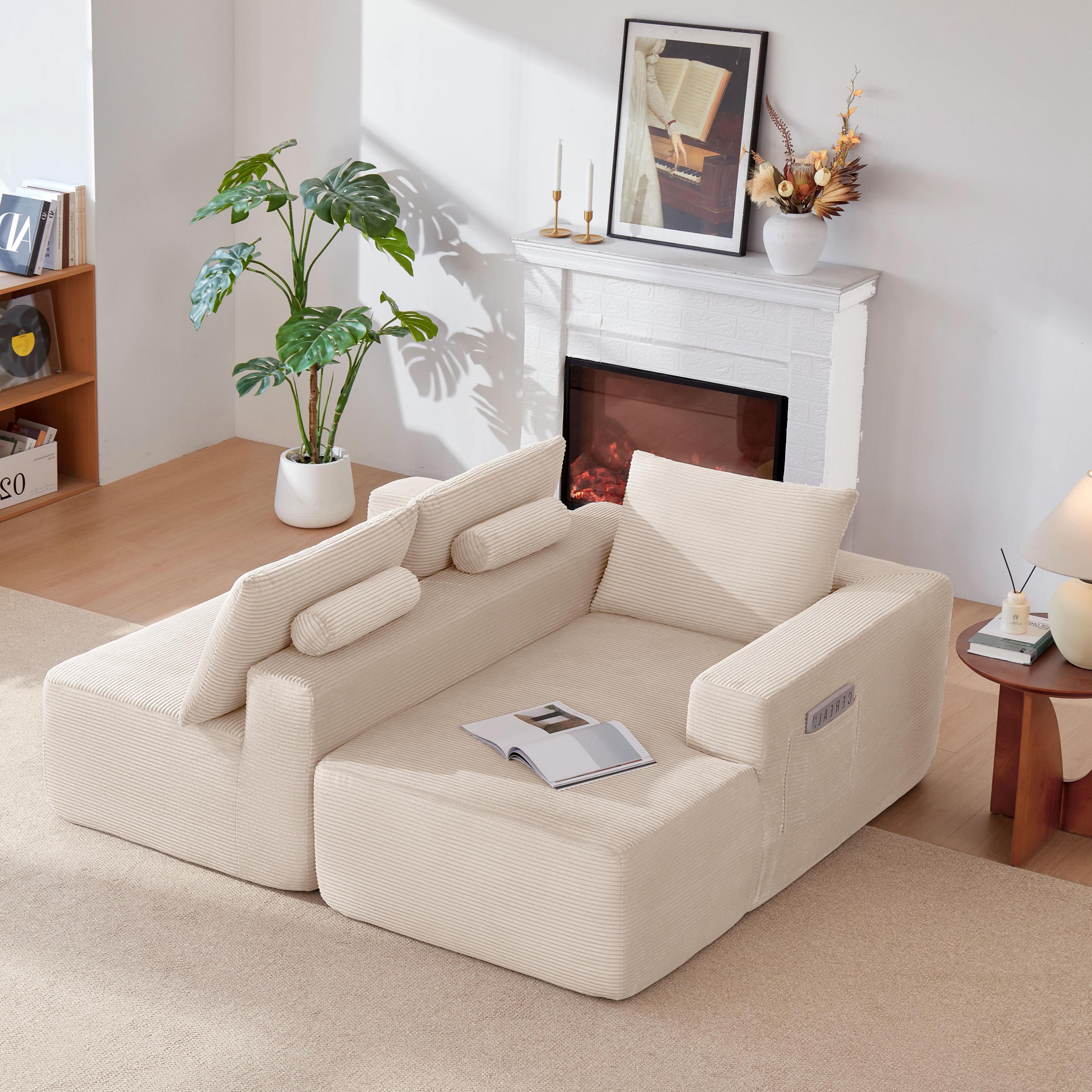 96.9''Cloud Sectional Couch with L-Shaped Chaise,Modern Modular Sofa with Deep Seat, Upholstered Couches for Living Room Bedroom,No Assembly Required,(Corduroy Fabric),White,Right Secondary image